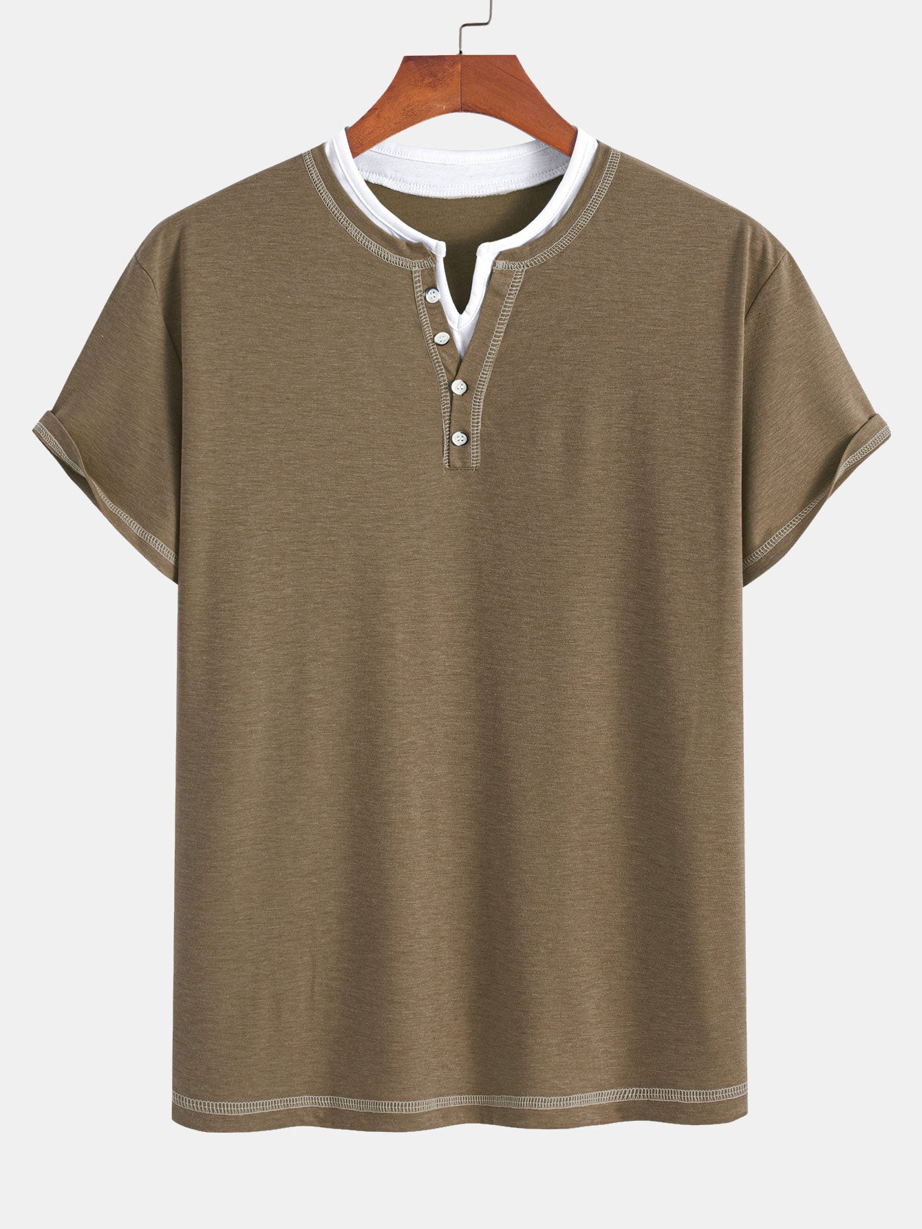 2-in-1 Notched Collar Contrast Stitching T-Shirt - Naturzy
