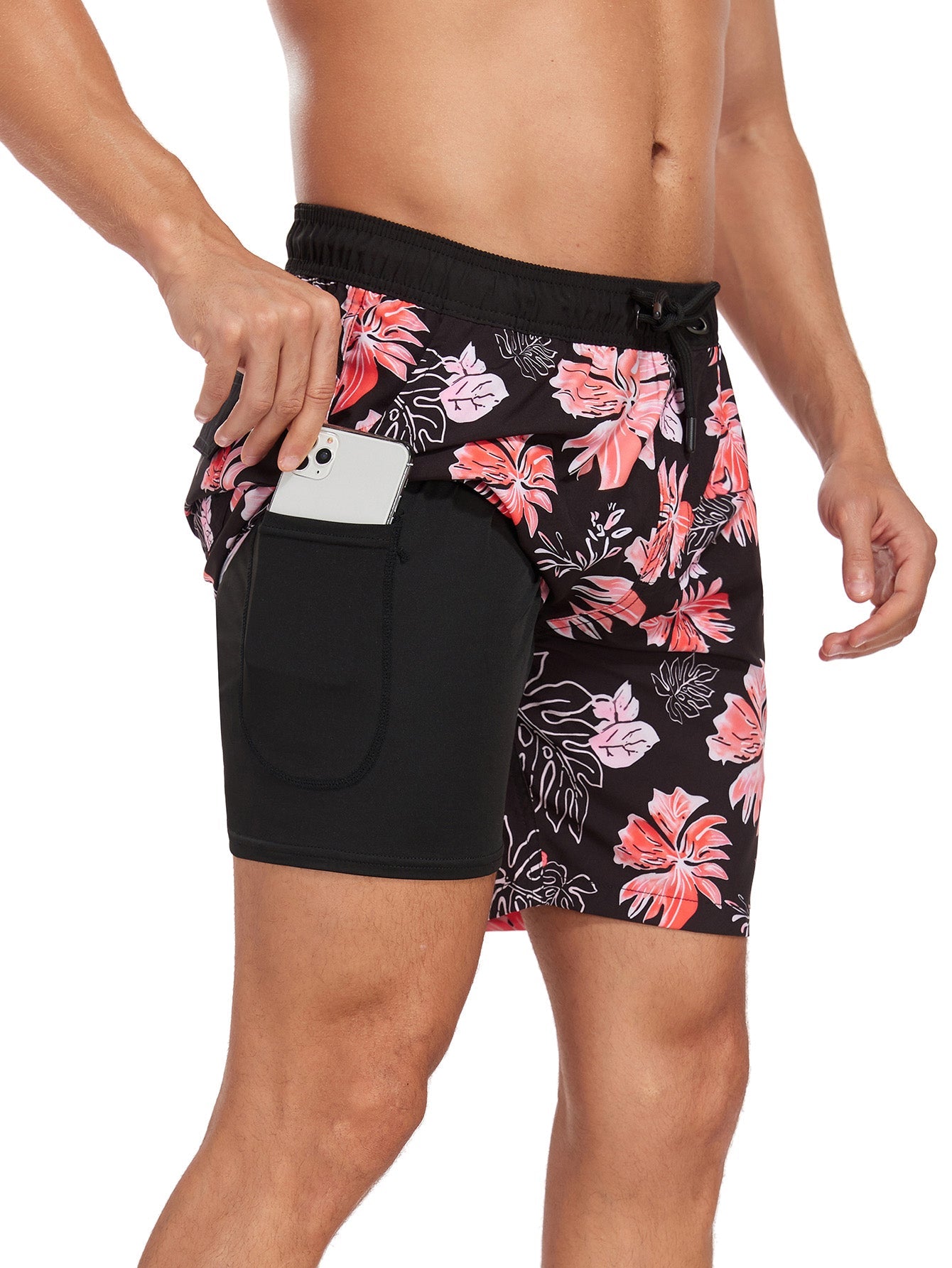 2 In 1 Tropical Flower Print Pocket Drawstring Swim Shorts - Naturzy