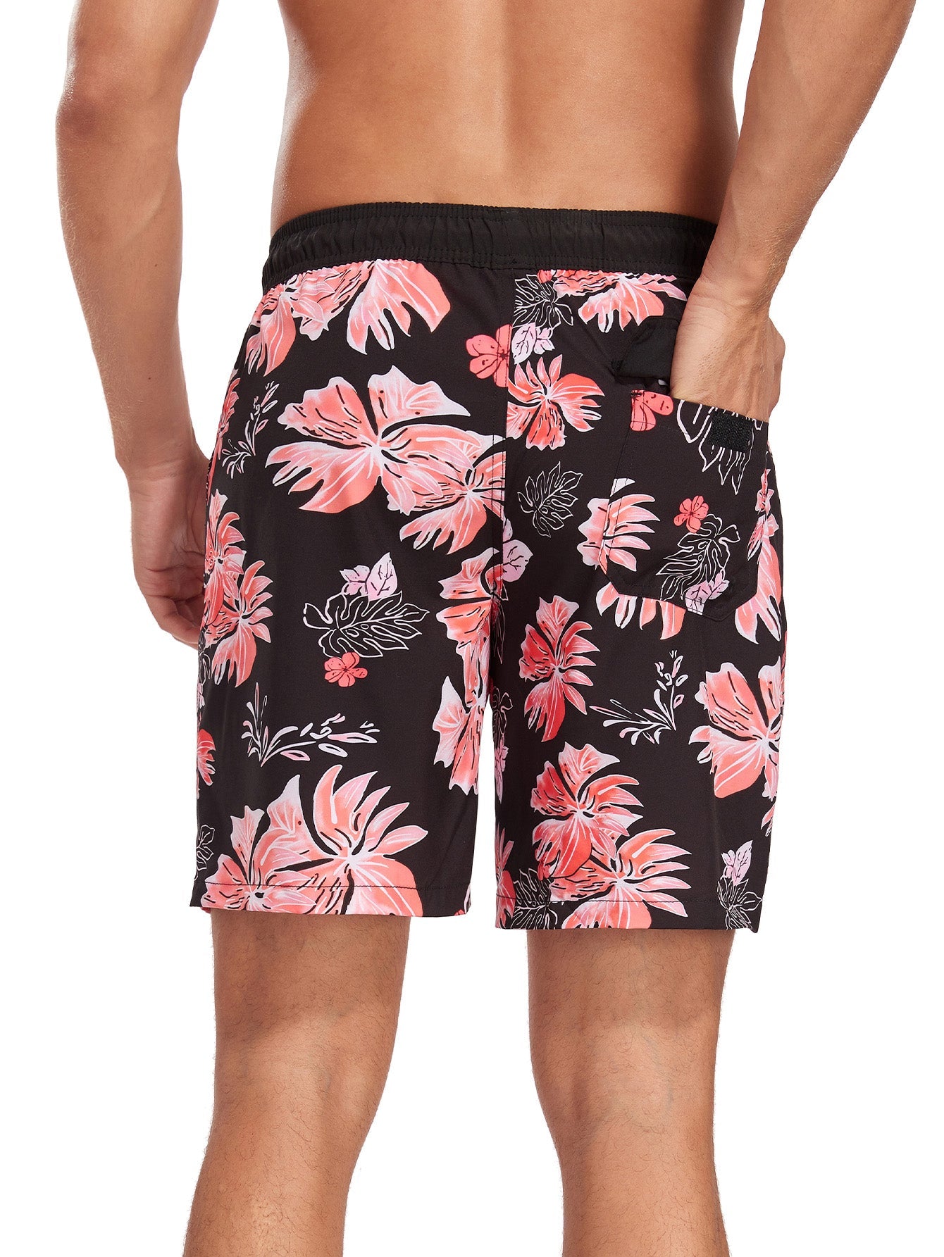 2 In 1 Tropical Flower Print Pocket Drawstring Swim Shorts - Naturzy