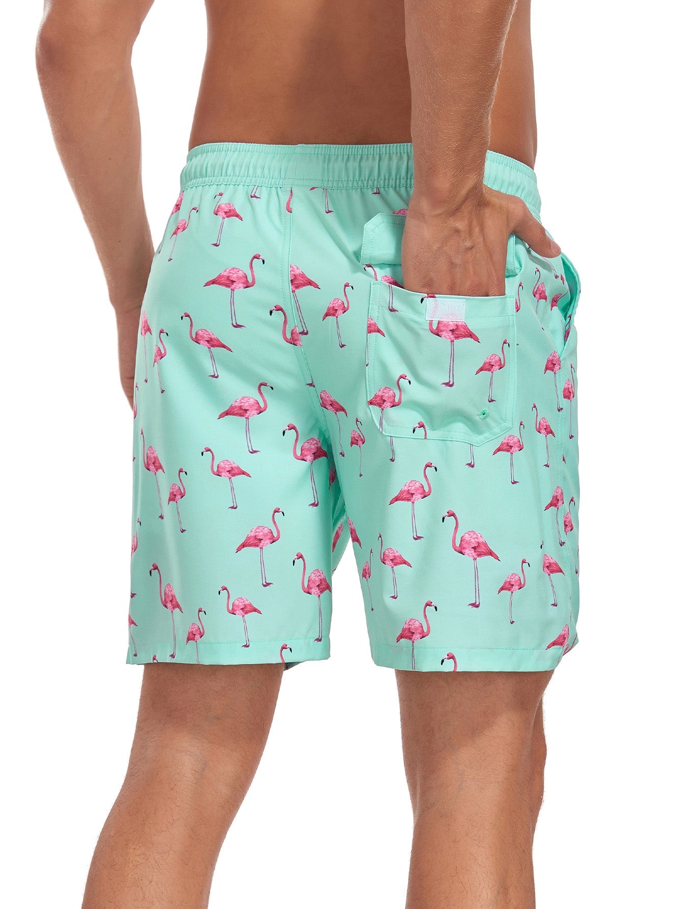 2 In 1 Flamingo Print Pocket Drawstring Swim Shorts - Naturzy