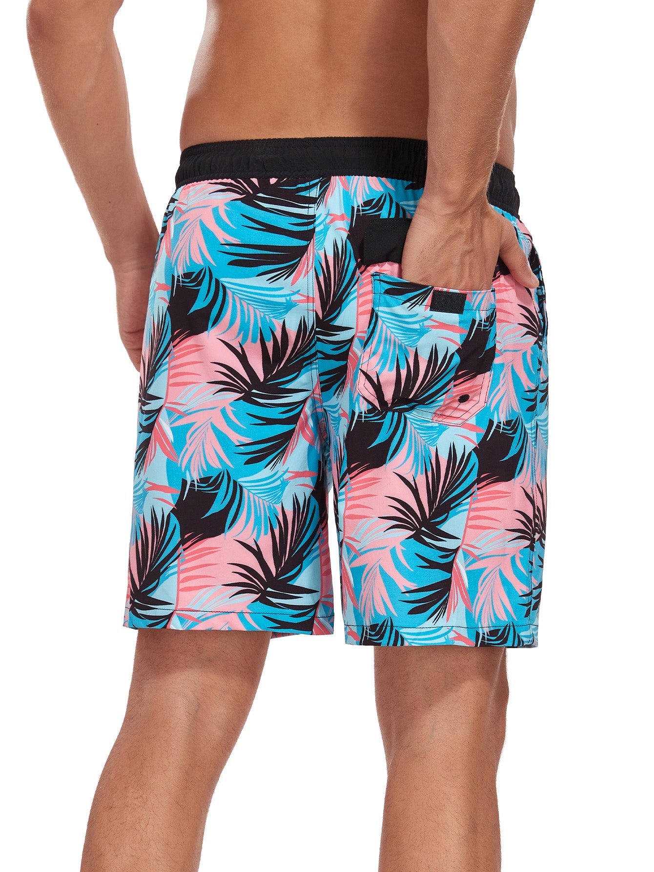 2 In 1 Tropical Leaves Print Pocket Drawstring Swim Shorts - Naturzy