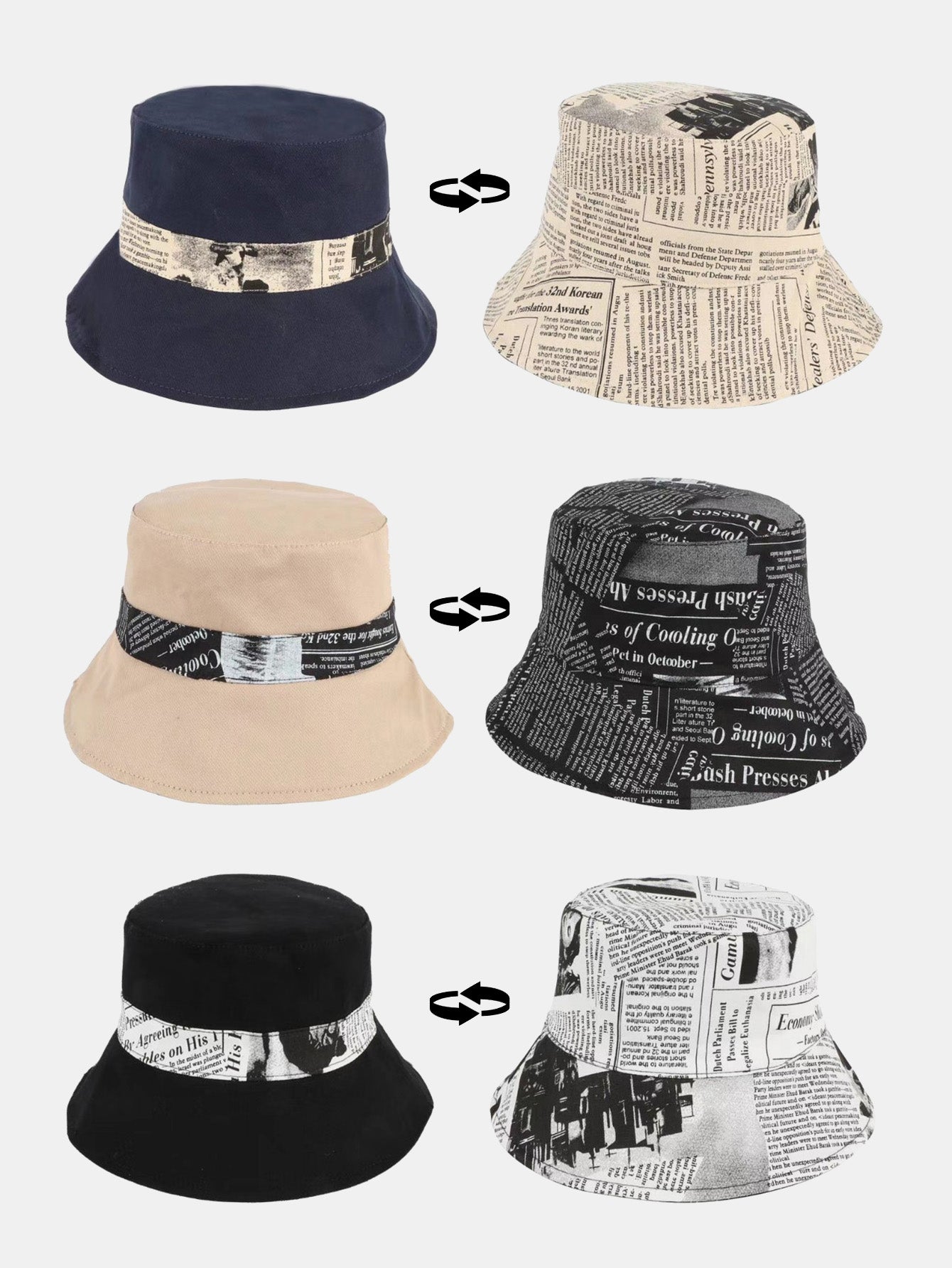 Newspaper Print Double Side Reversible Bucket Hat - Naturzy