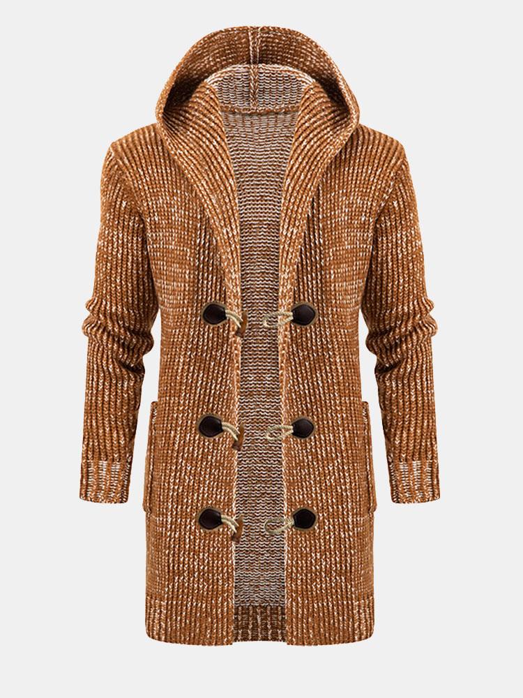 Long Line Horn Buckle Hooded Knitted Cardigan - Naturzy