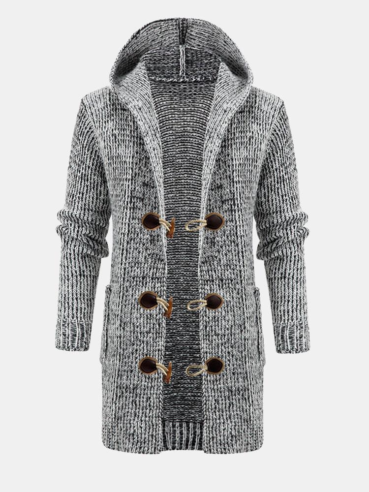 Long Line Horn Buckle Hooded Knitted Cardigan - Naturzy