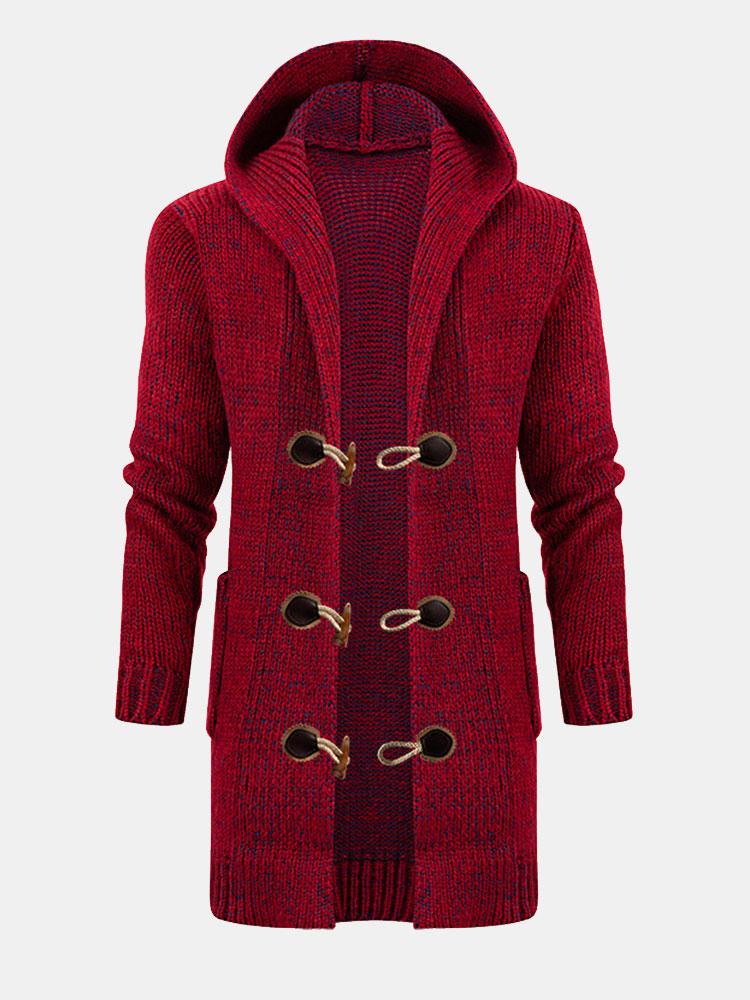 Long Line Horn Buckle Hooded Knitted Cardigan - Naturzy