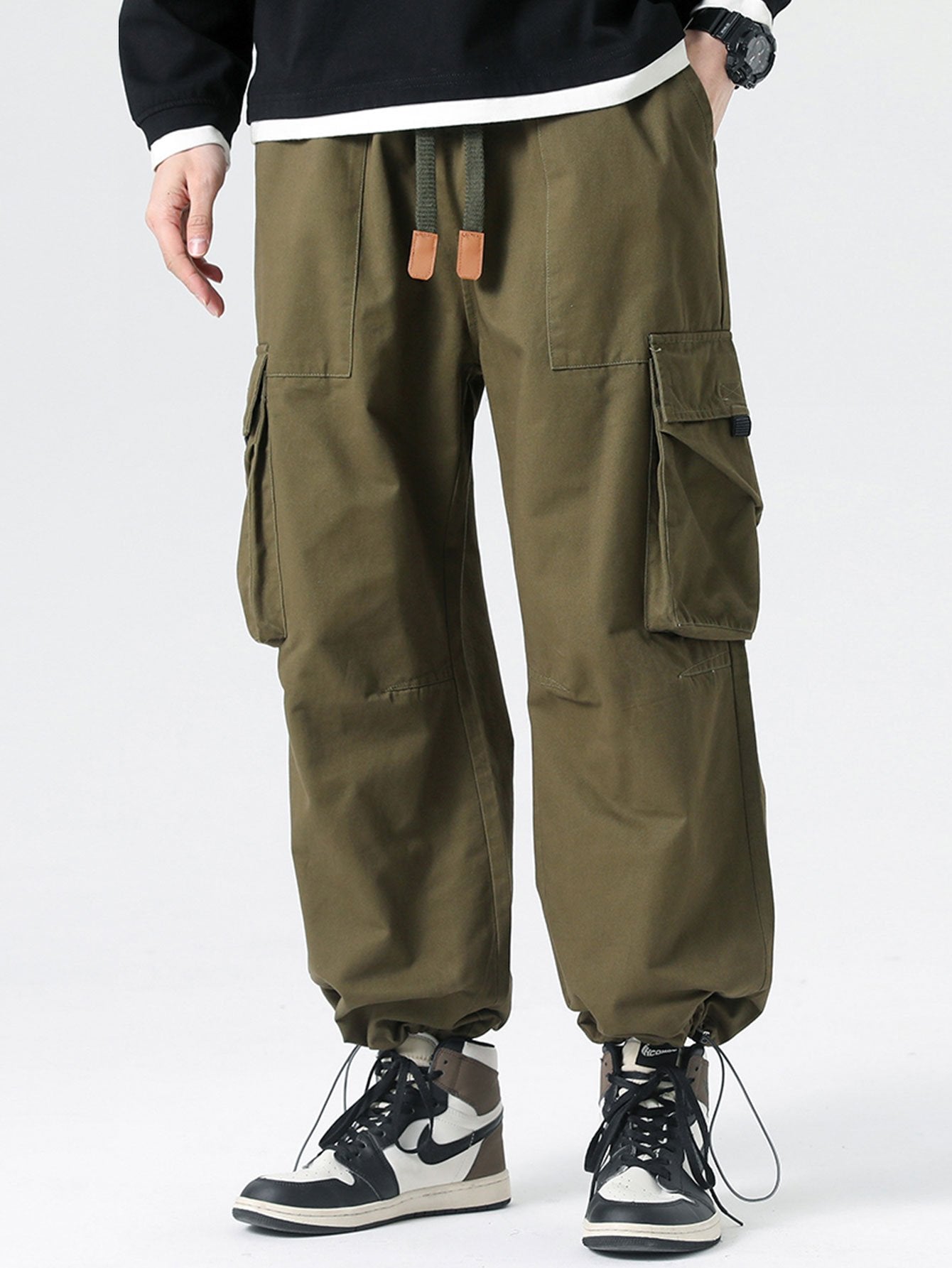 Elastic Drawstring Cuff Parachute Cargo Pants - Naturzy