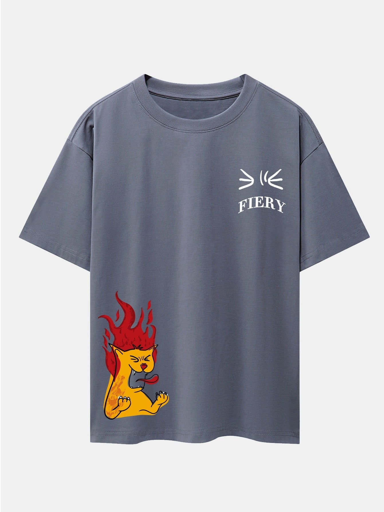 Fiery Cat Print Drop Shoulder Oversize T-Shirt