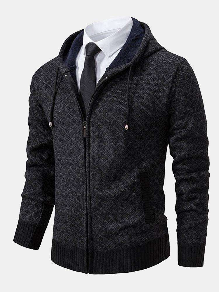 Diamond Pattern Zip Hooded Sweater - Naturzy