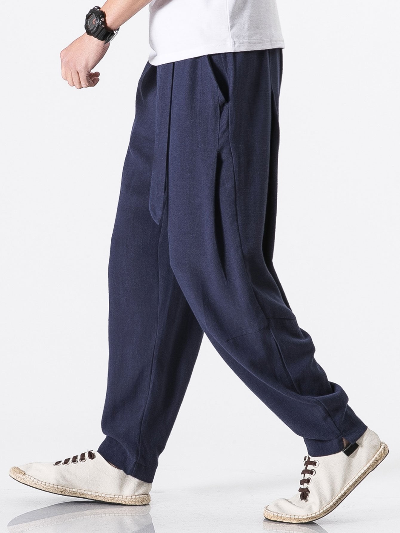 Detachable Belt Relax Fit Linen And Cotton Blend Harem Pants - Naturzy