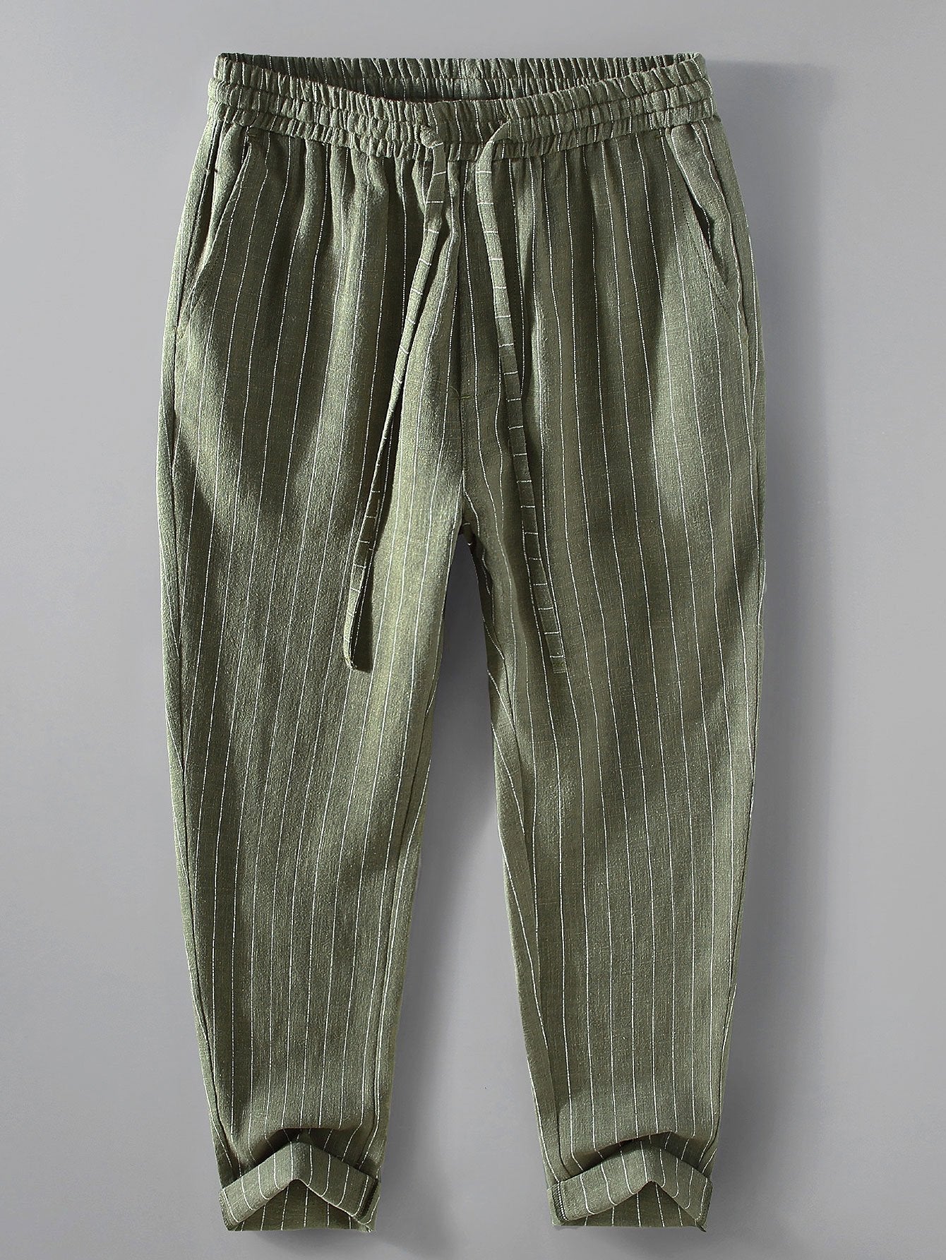 Striped Linen Cotton Blend Cropped Pants - Naturzy