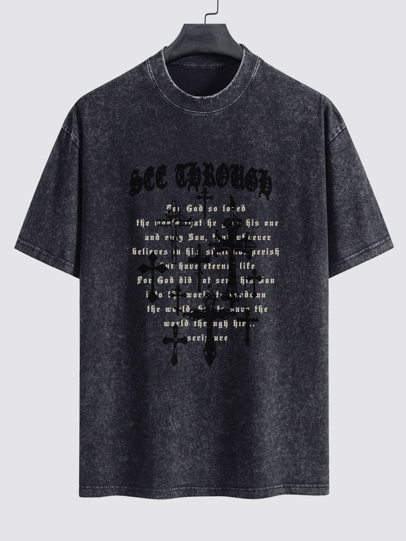 Cross Slogan Print Washed Distressed Drop Shoulder T-Shirt - Naturzy