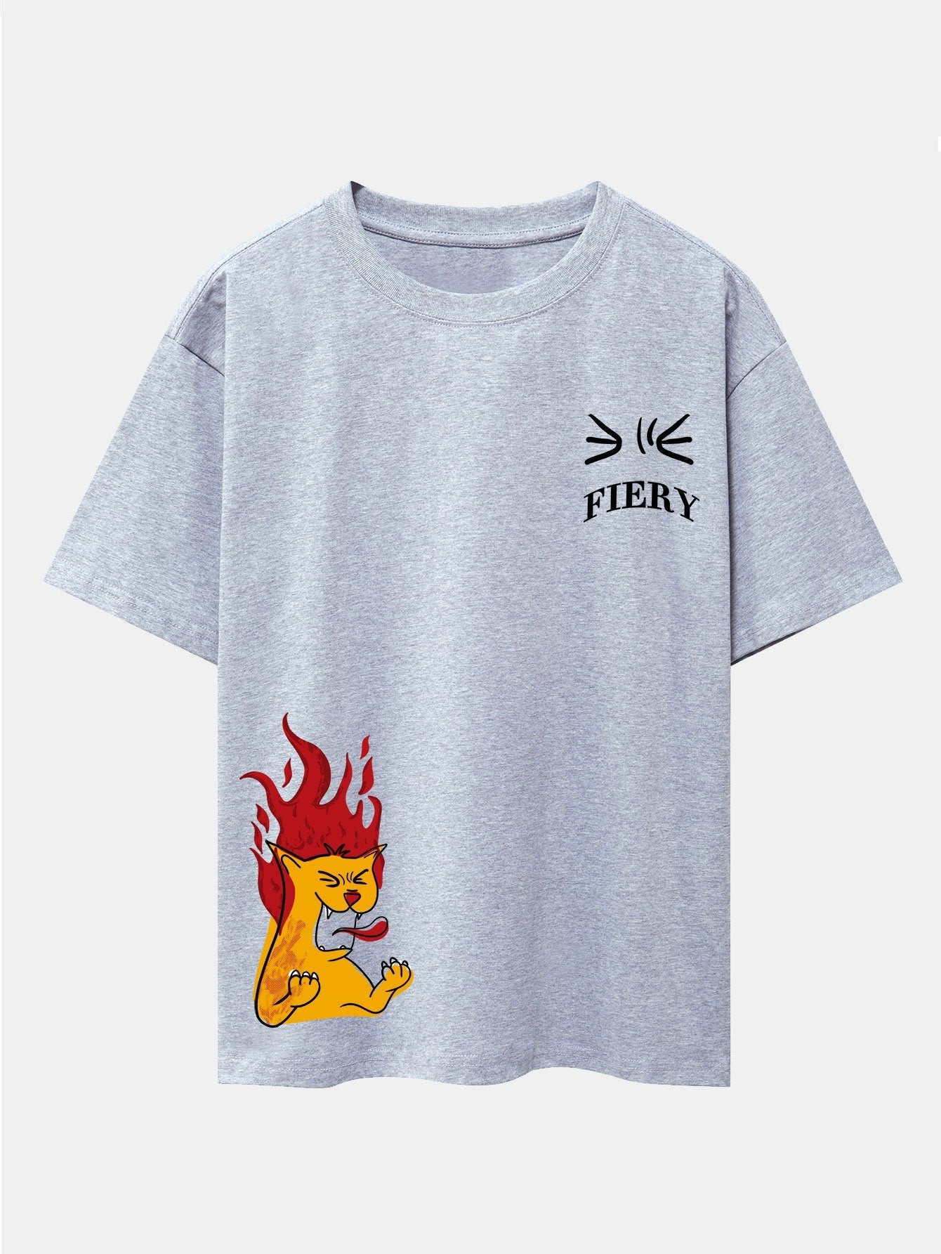 Fiery Cat Print Drop Shoulder Oversize T-Shirt