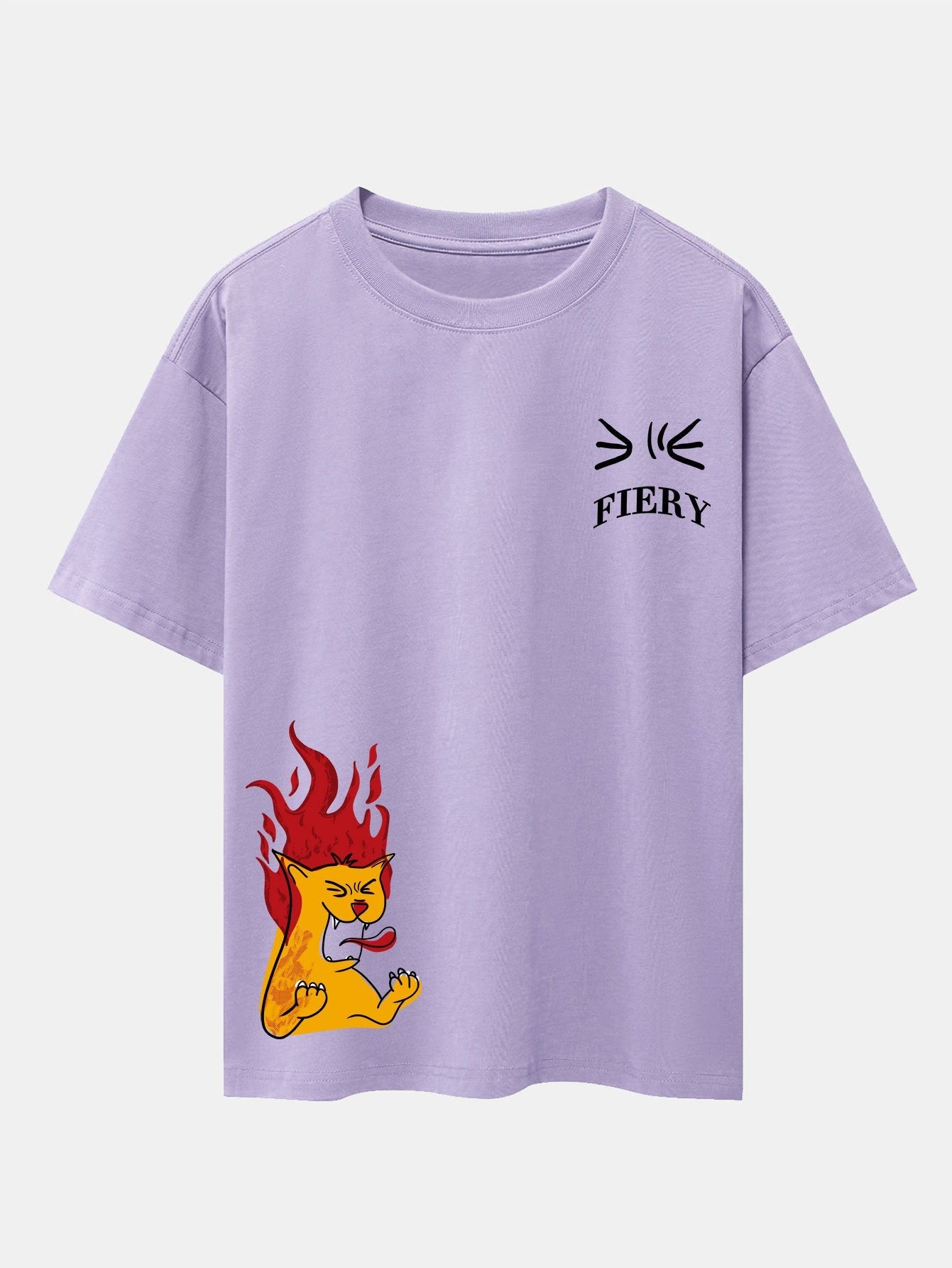 Fiery Cat Print Drop Shoulder Oversize T-Shirt