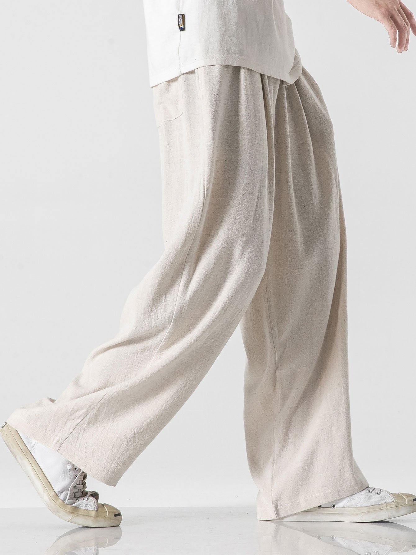 Linen And Cotton Blend Relax Fit Wide Leg Pants - Naturzy