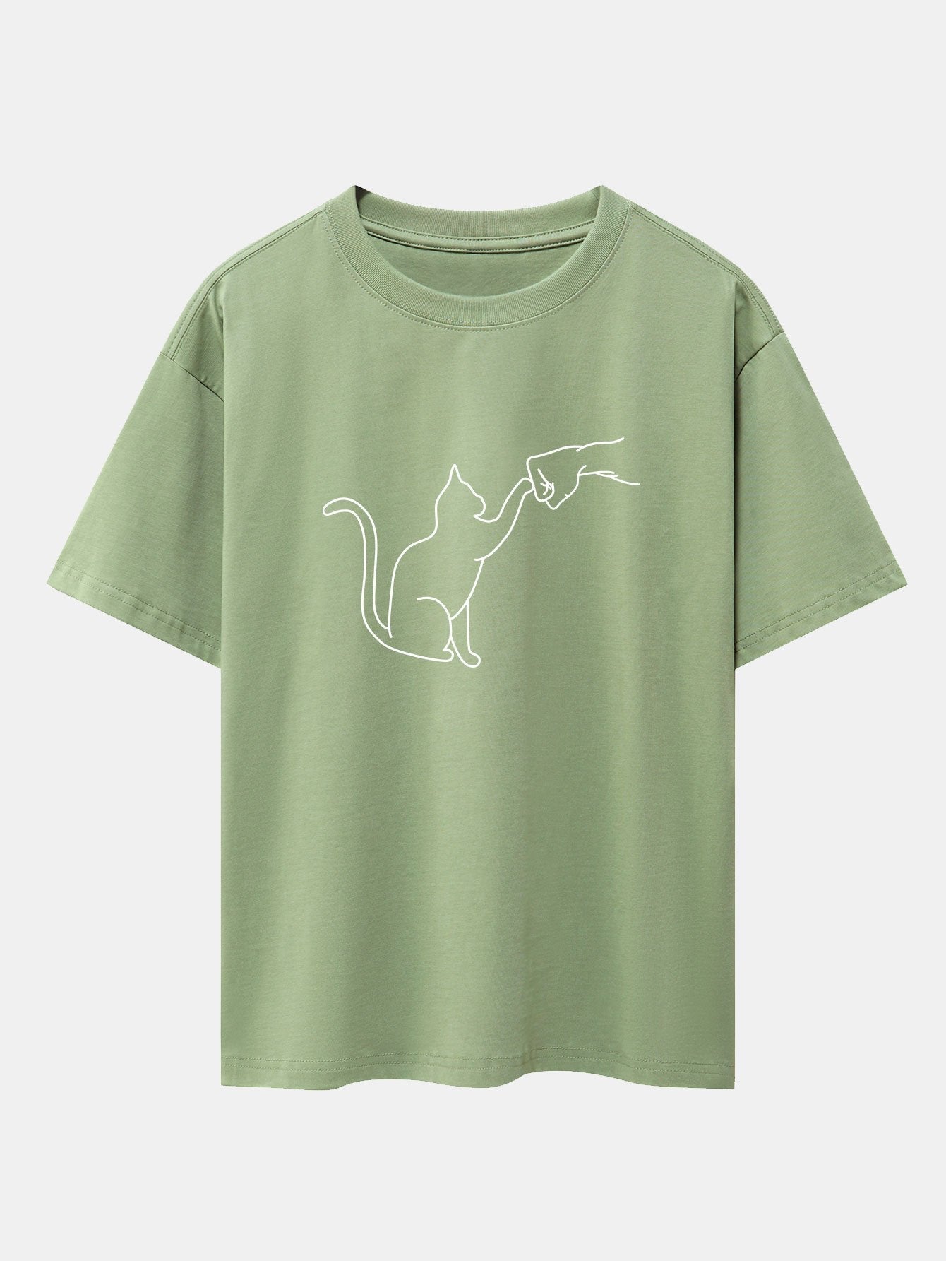 Fist Bump Cat Print Drop Shoulder Oversize T-Shirt - Naturzy