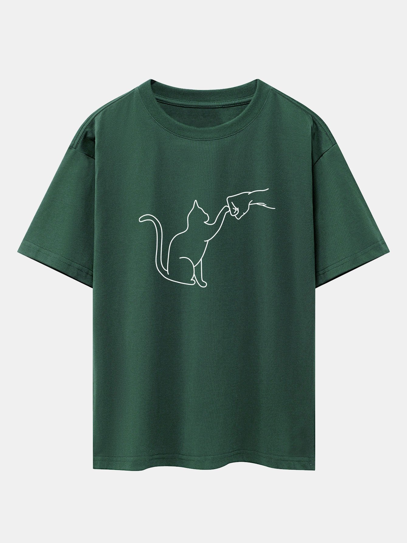 Fist Bump Cat Print Drop Shoulder Oversize T-Shirt - Naturzy