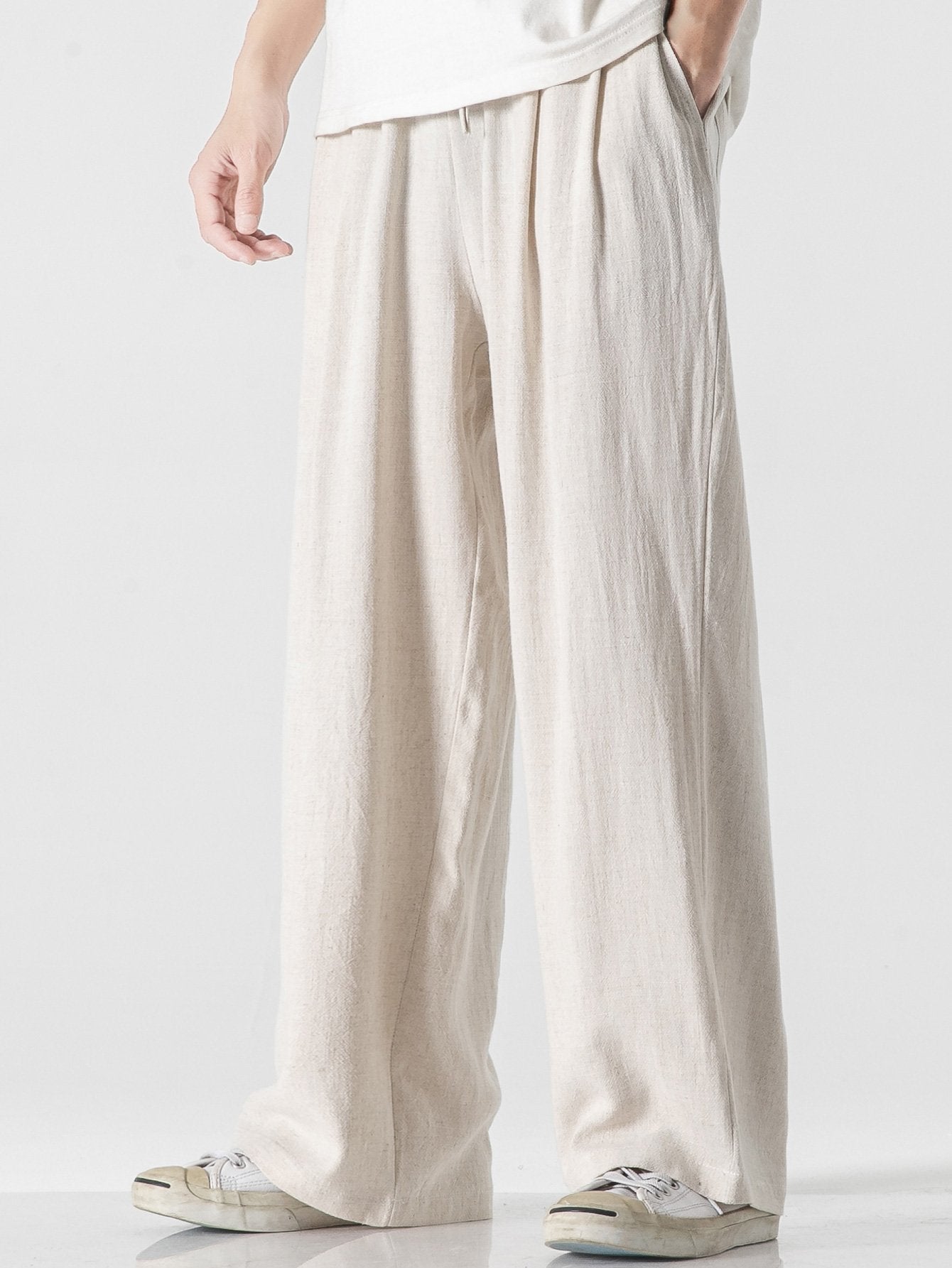 Linen And Cotton Blend Relax Fit Wide Leg Pants - Naturzy