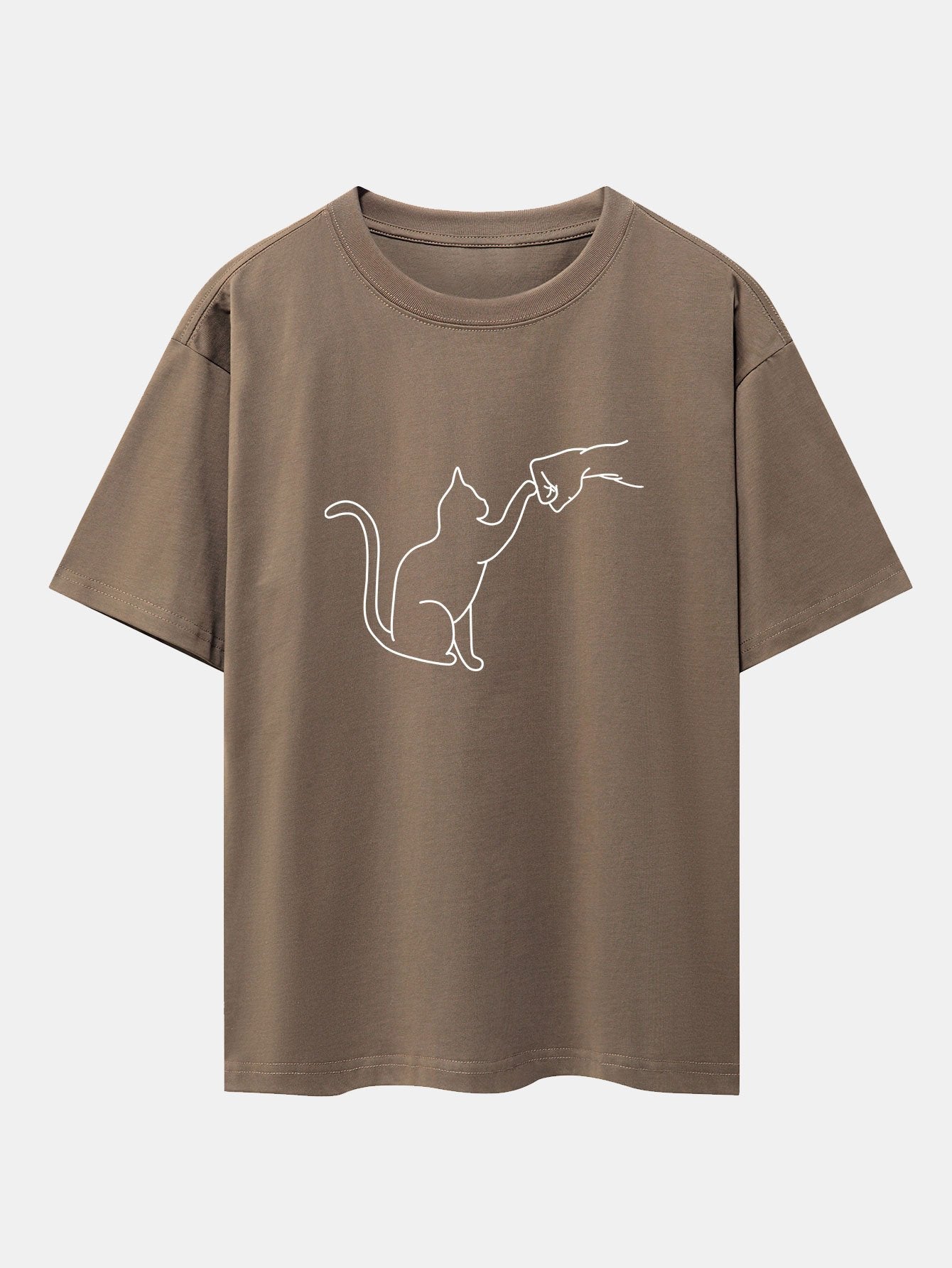 Fist Bump Cat Print Drop Shoulder Oversize T-Shirt - Naturzy