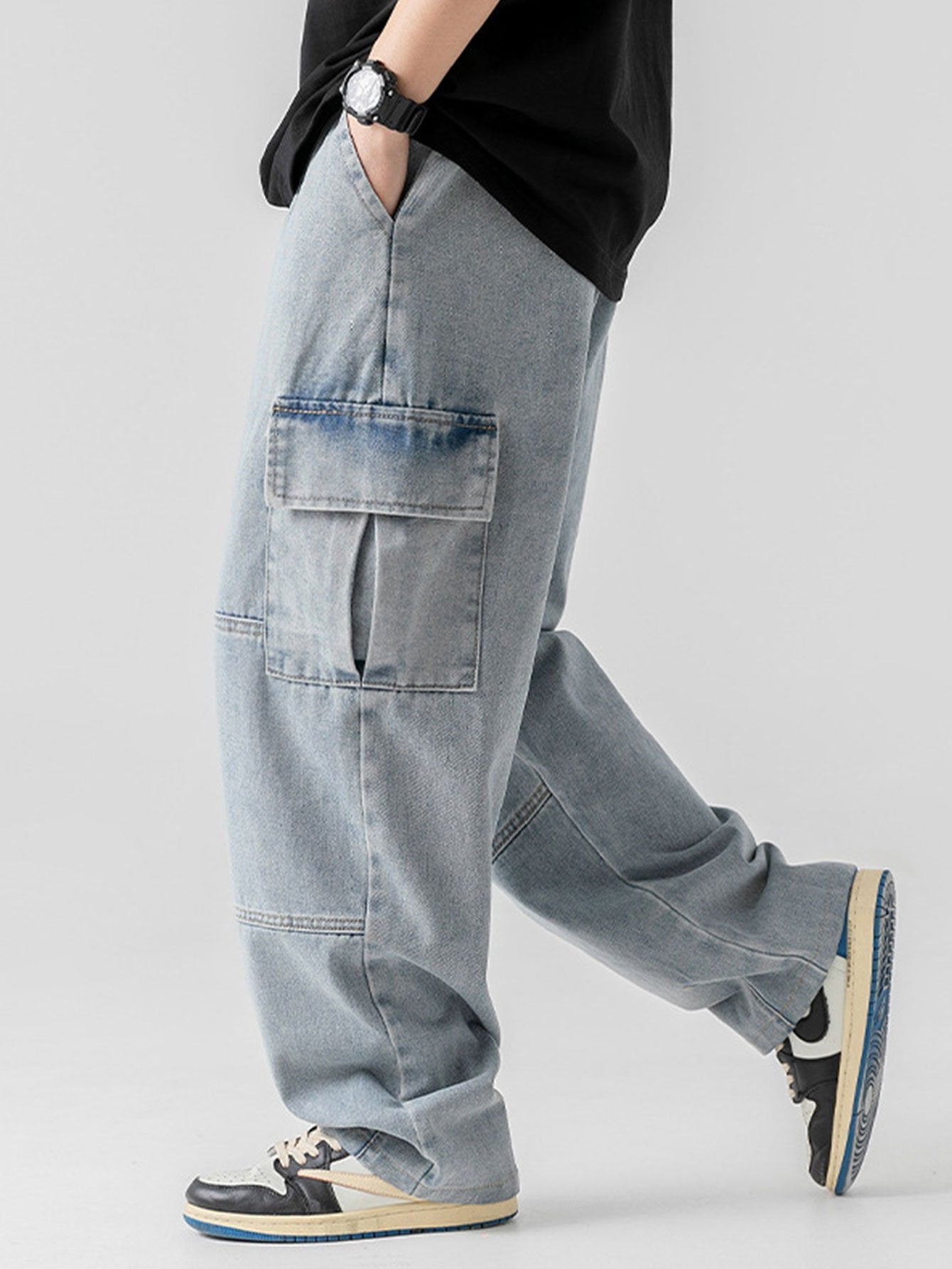 Elastic Waist Relax Fit Straight Leg Cargo Jeans - Naturzy