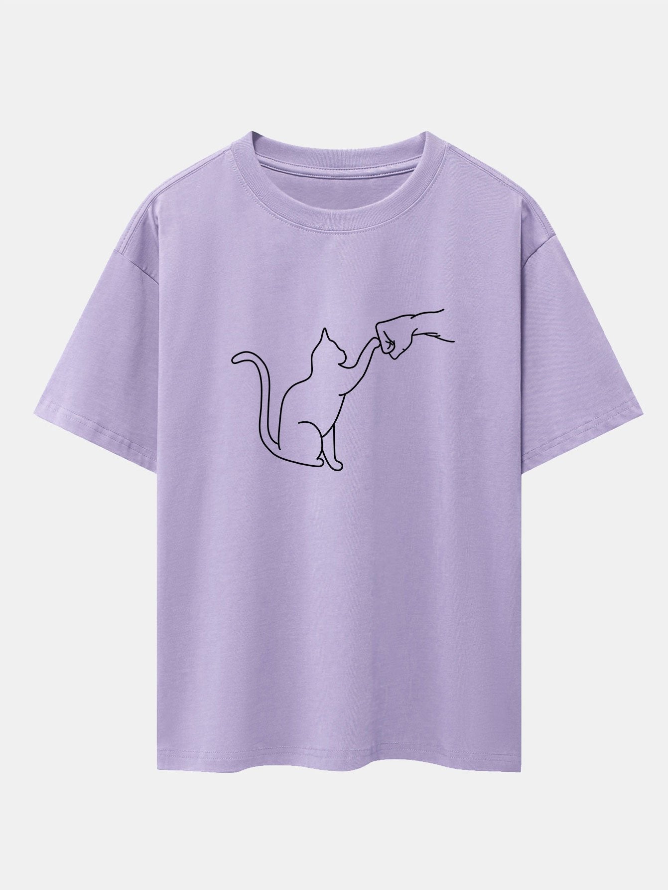 Fist Bump Cat Print Drop Shoulder Oversize T-Shirt - Naturzy