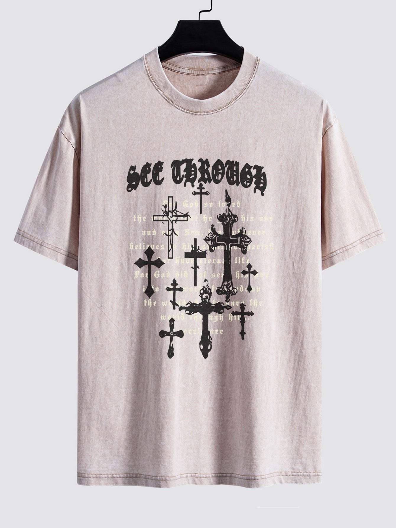 Cross Slogan Print Washed Distressed Drop Shoulder T-Shirt - Naturzy