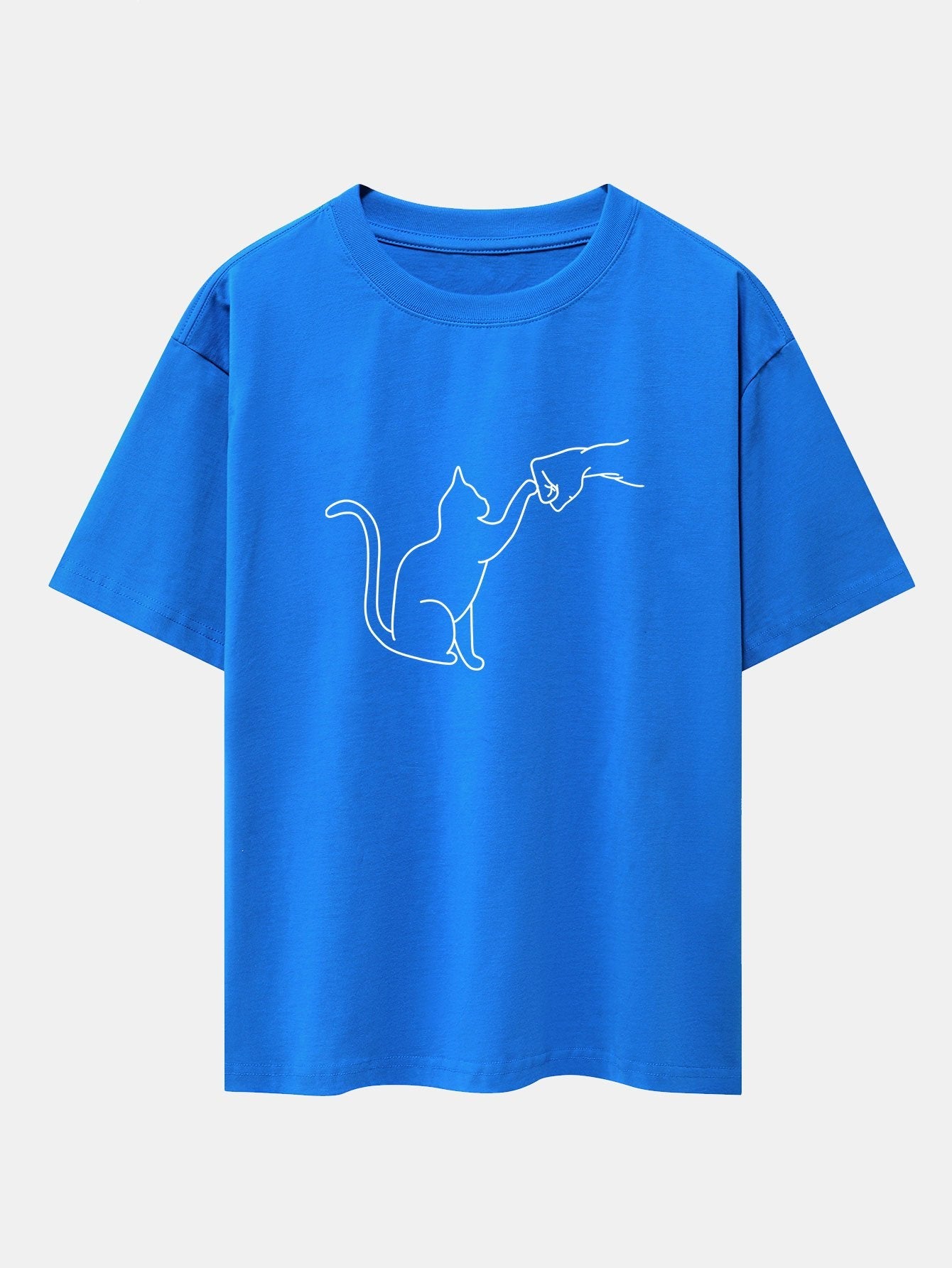 Fist Bump Cat Print Drop Shoulder Oversize T-Shirt - Naturzy