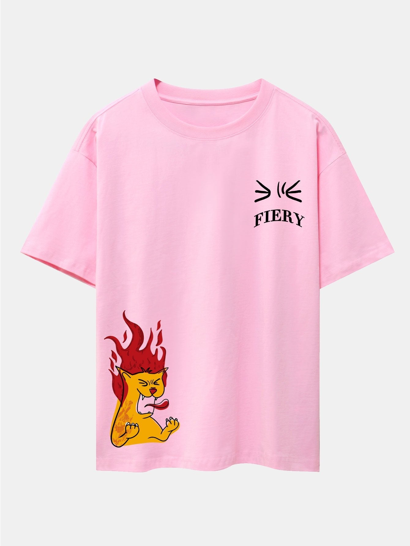 Fiery Cat Print Drop Shoulder Oversize T-Shirt