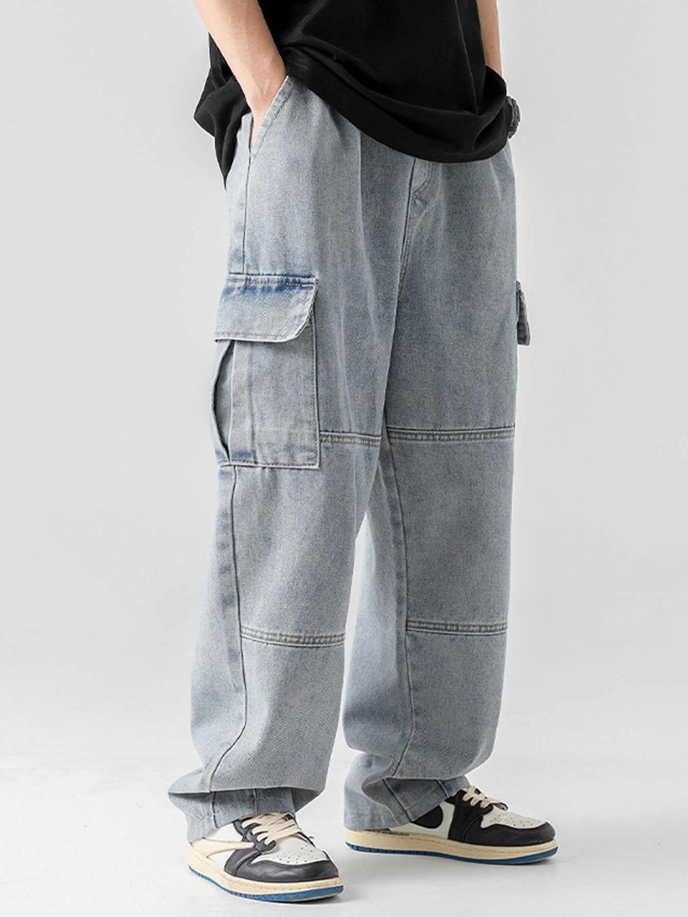 Elastic Waist Relax Fit Straight Leg Cargo Jeans - Naturzy