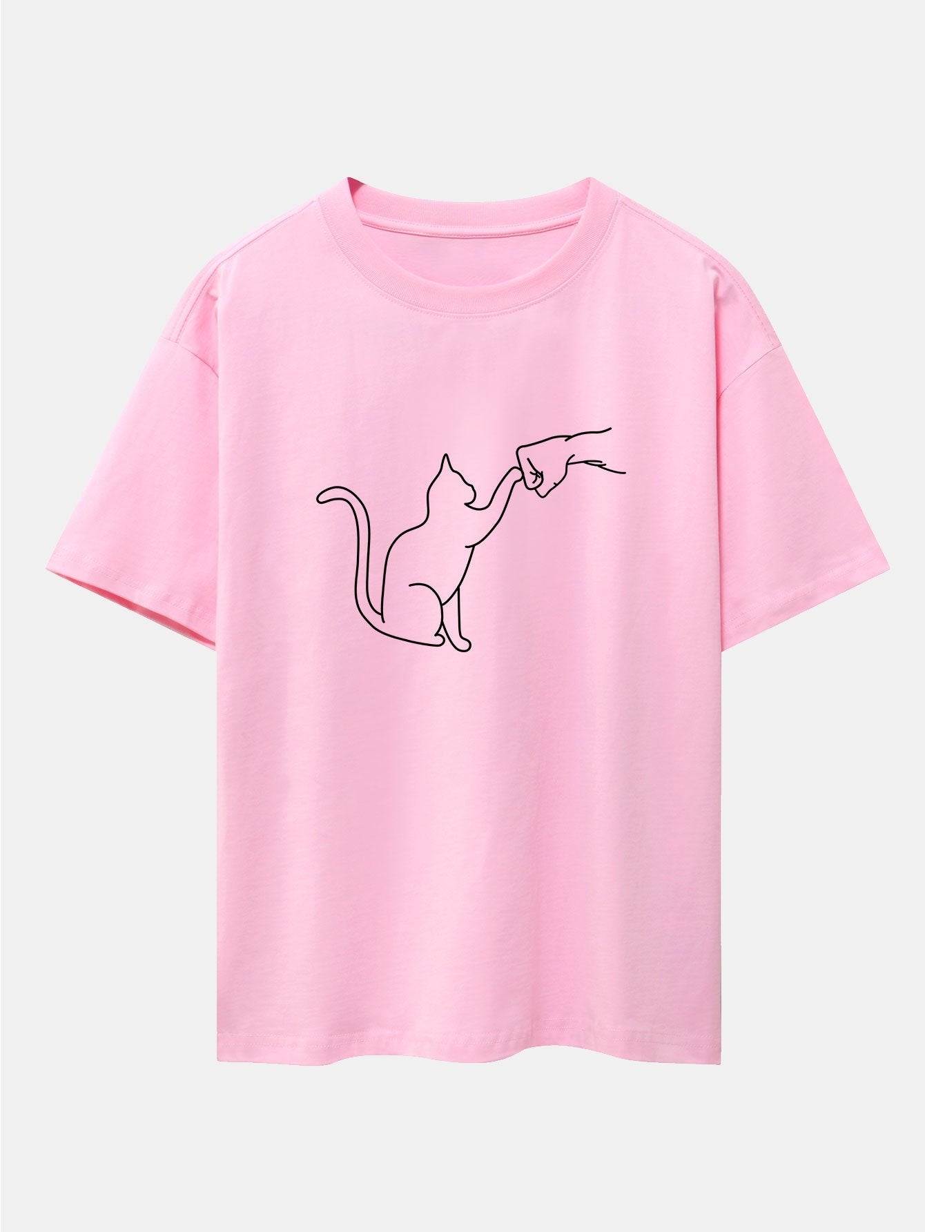 Fist Bump Cat Print Drop Shoulder Oversize T-Shirt - Naturzy