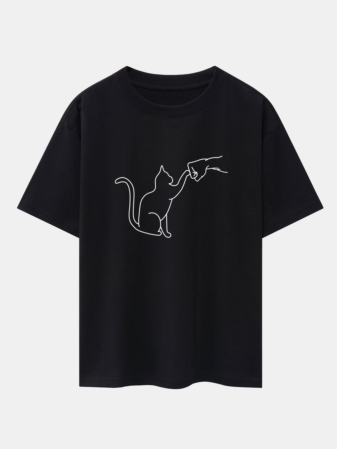 Fist Bump Cat Print Drop Shoulder Oversize T-Shirt - Naturzy