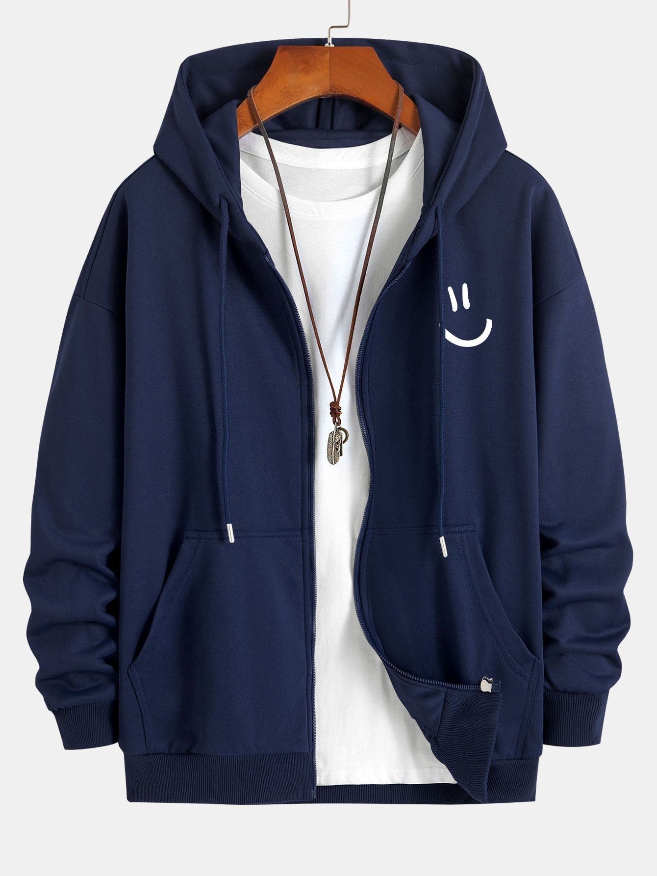 Smiley Face Print Relax Fit Zip Hoodie - Naturzy