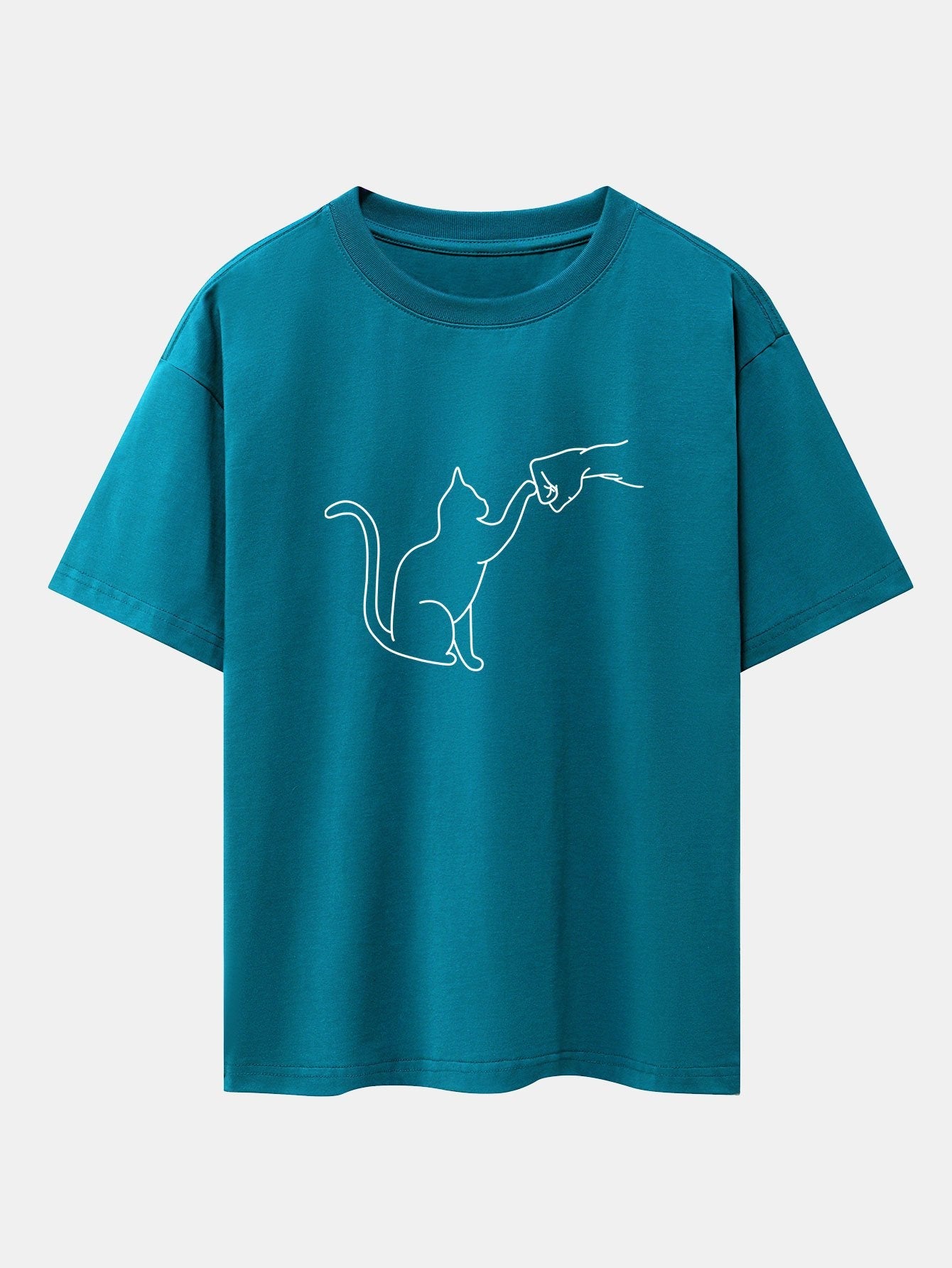 Fist Bump Cat Print Drop Shoulder Oversize T-Shirt - Naturzy
