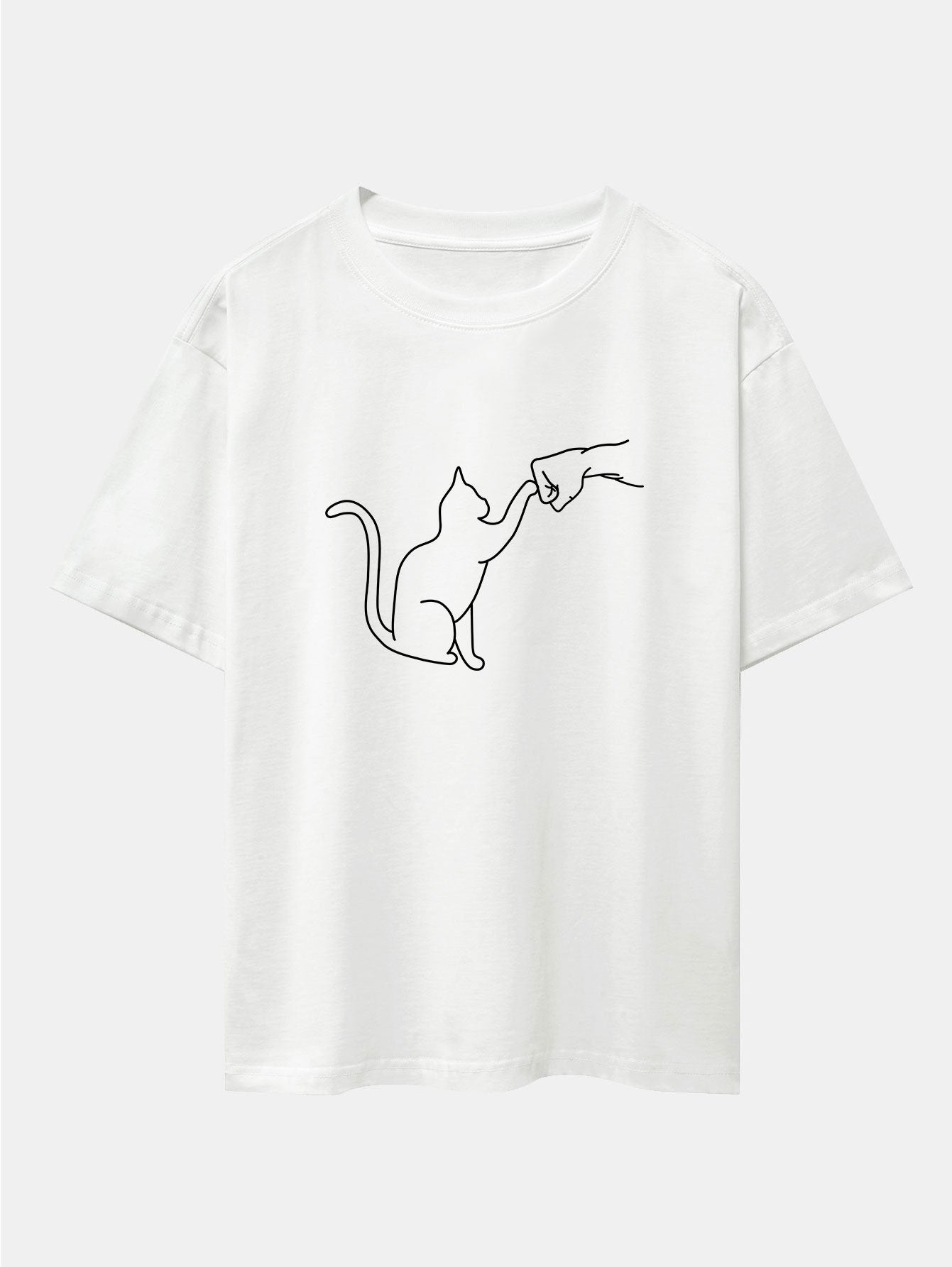 Fist Bump Cat Print Drop Shoulder Oversize T-Shirt - Naturzy