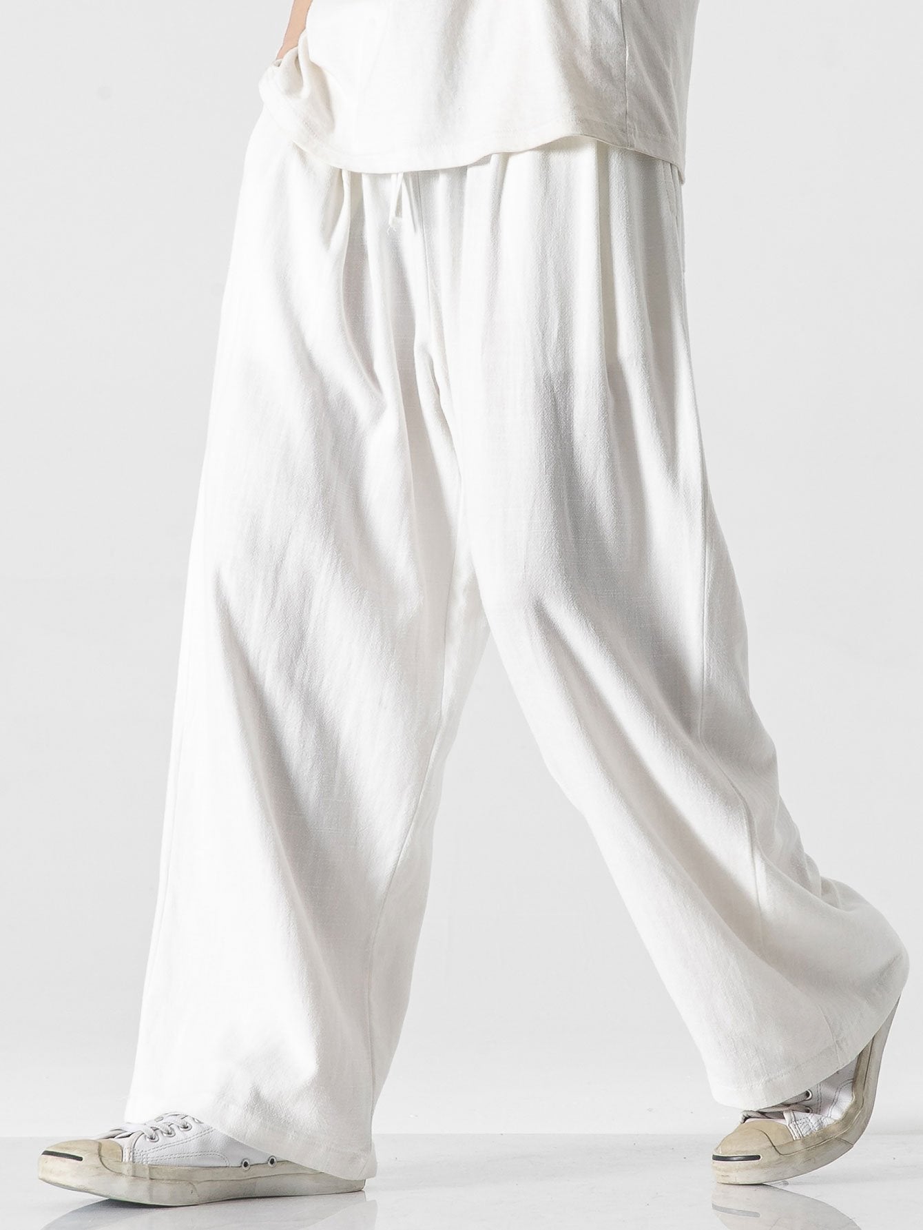 Linen And Cotton Blend Relax Fit Wide Leg Pants - Naturzy