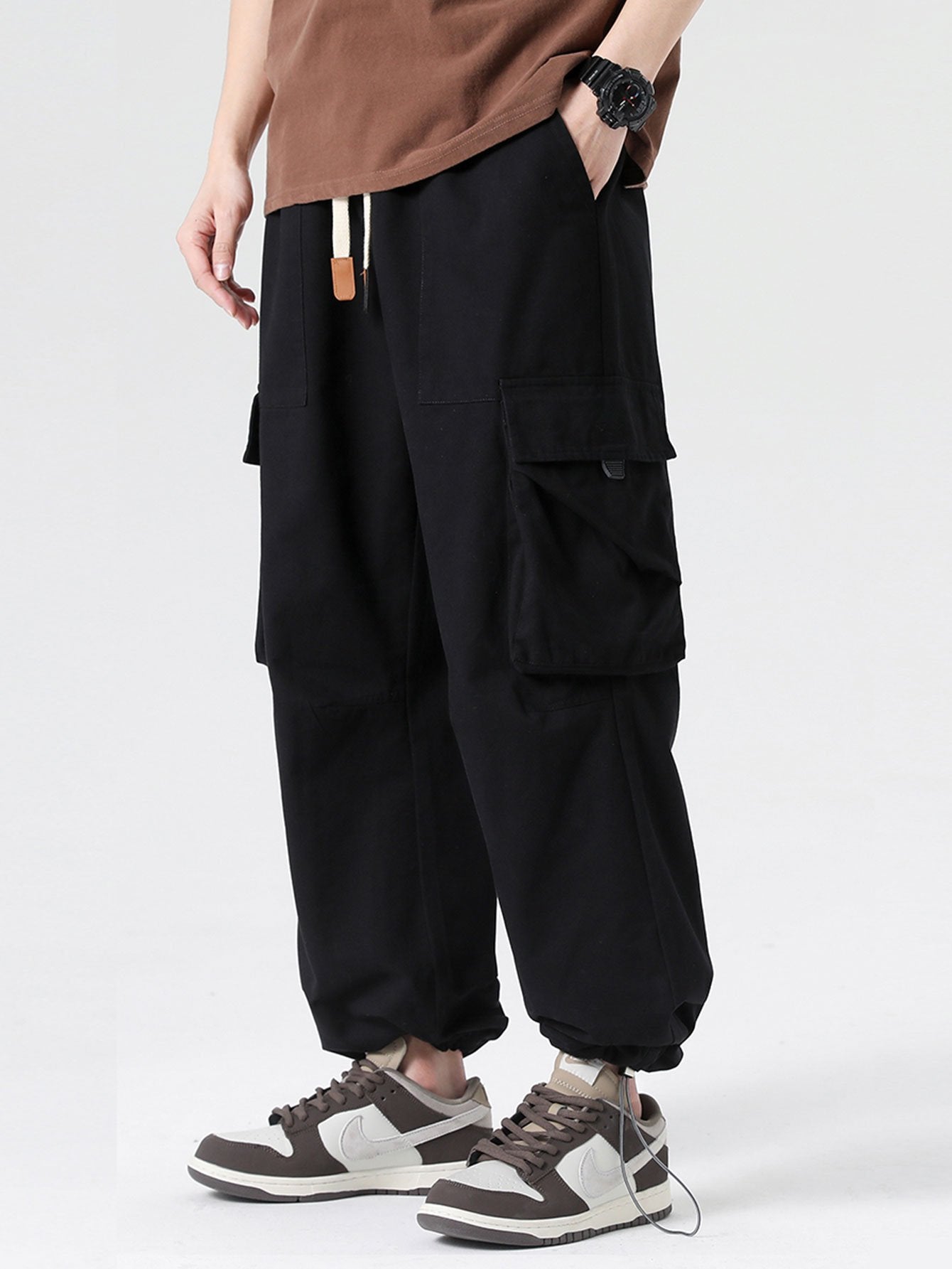 Elastic Drawstring Cuff Parachute Cargo Pants - Naturzy