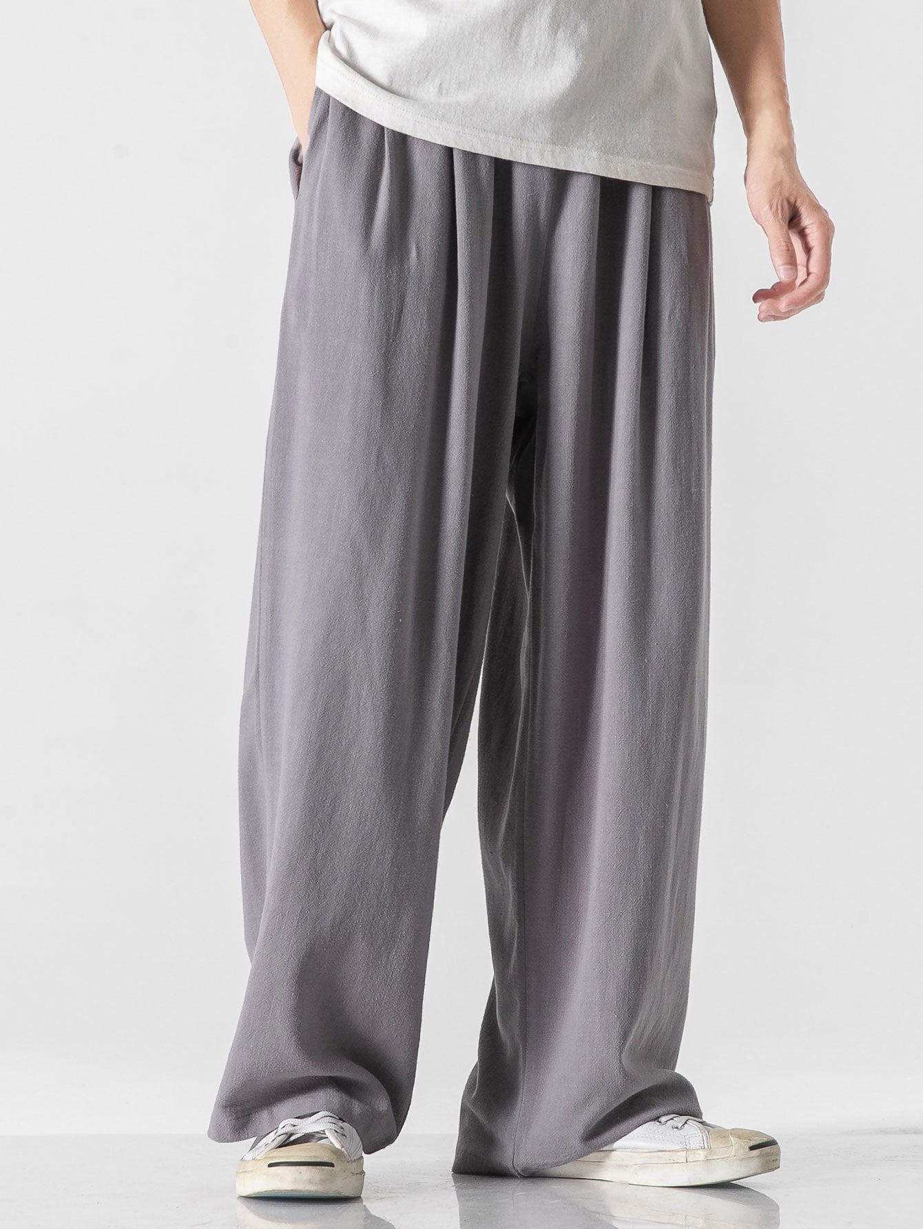 Linen And Cotton Blend Relax Fit Wide Leg Pants - Naturzy