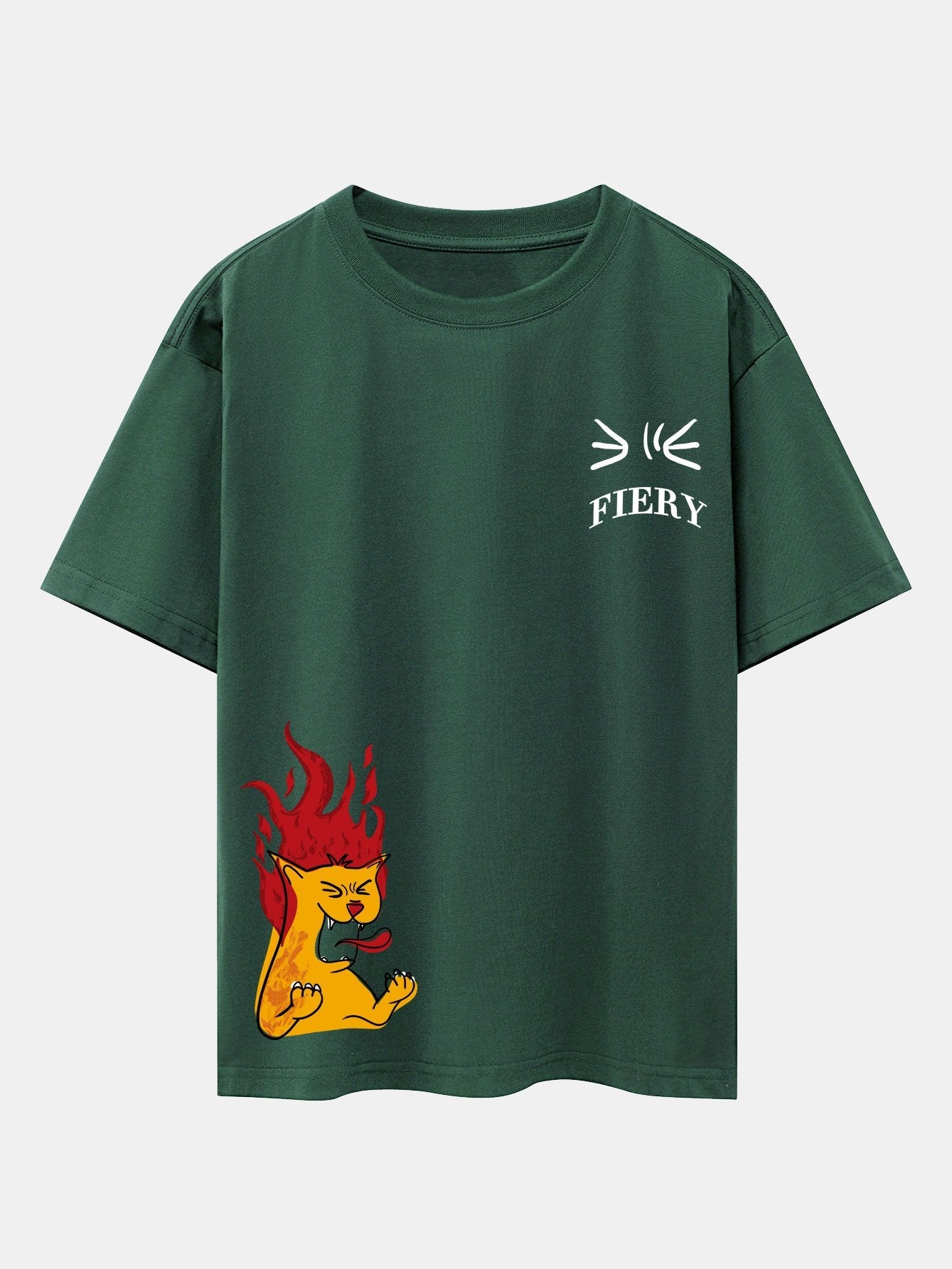 Fiery Cat Print Drop Shoulder Oversize T-Shirt