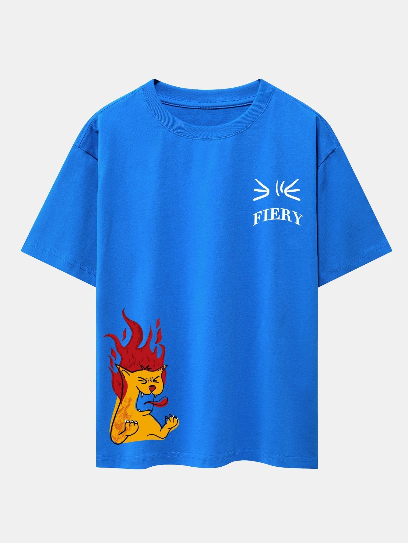 Fiery Cat Print Drop Shoulder Oversize T-Shirt