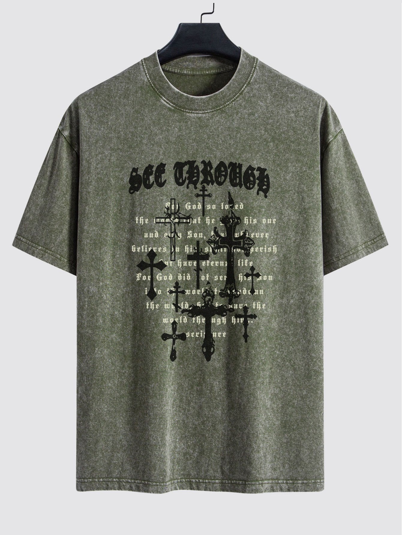 Cross Slogan Print Washed Distressed Drop Shoulder T-Shirt - Naturzy