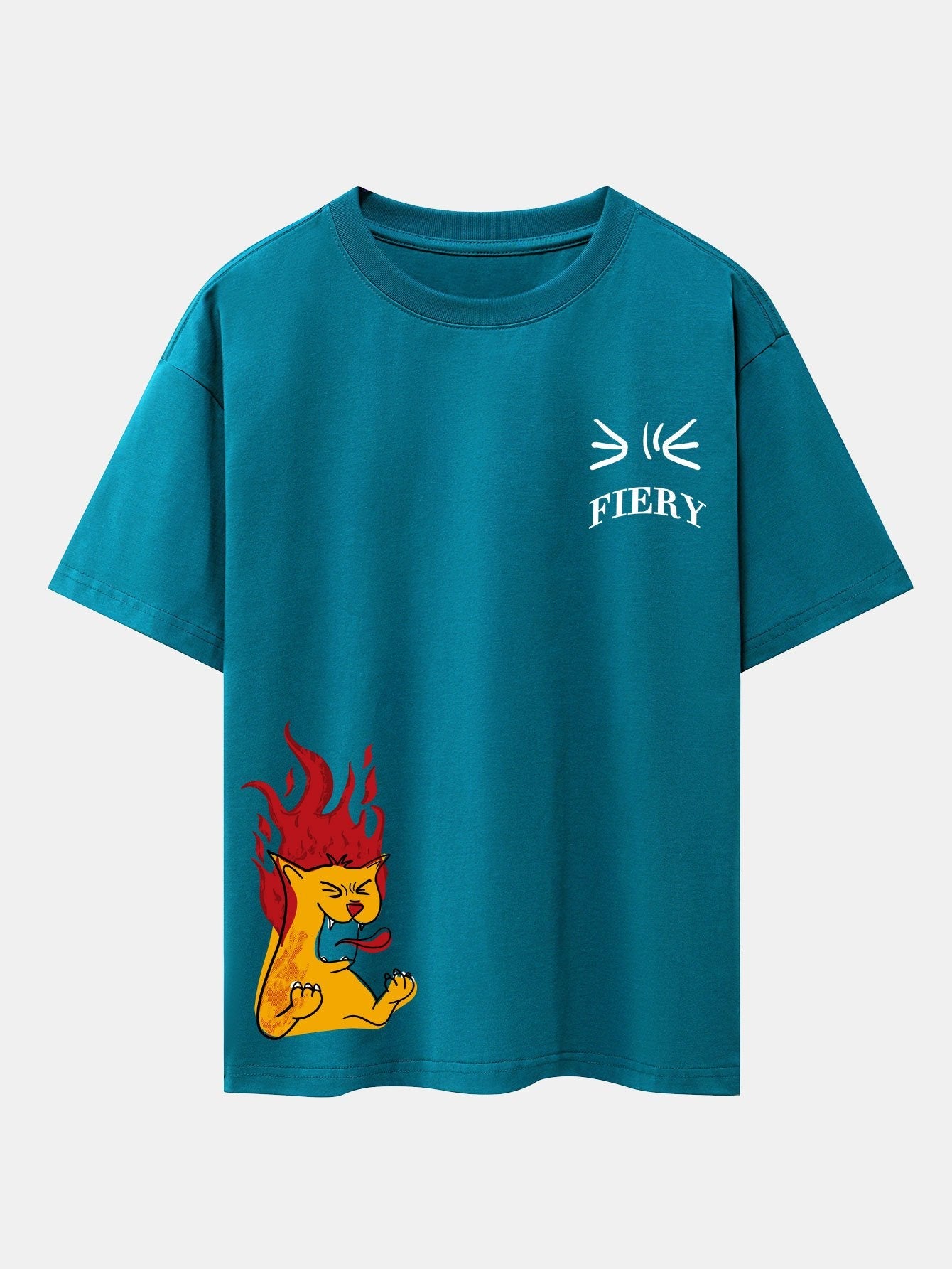 Fiery Cat Print Drop Shoulder Oversize T-Shirt