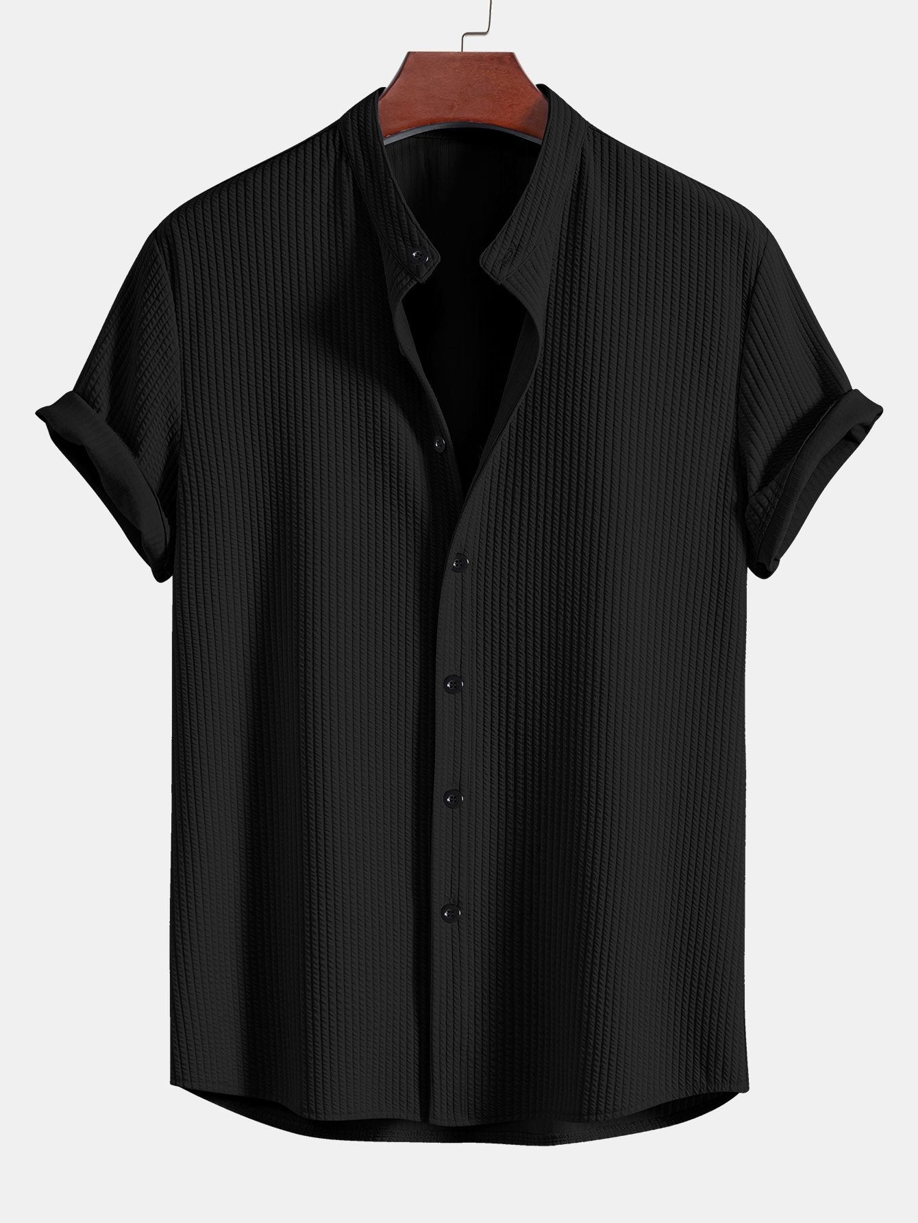 Muscle Fit Ribbed Stand Collar Shirt - Naturzy