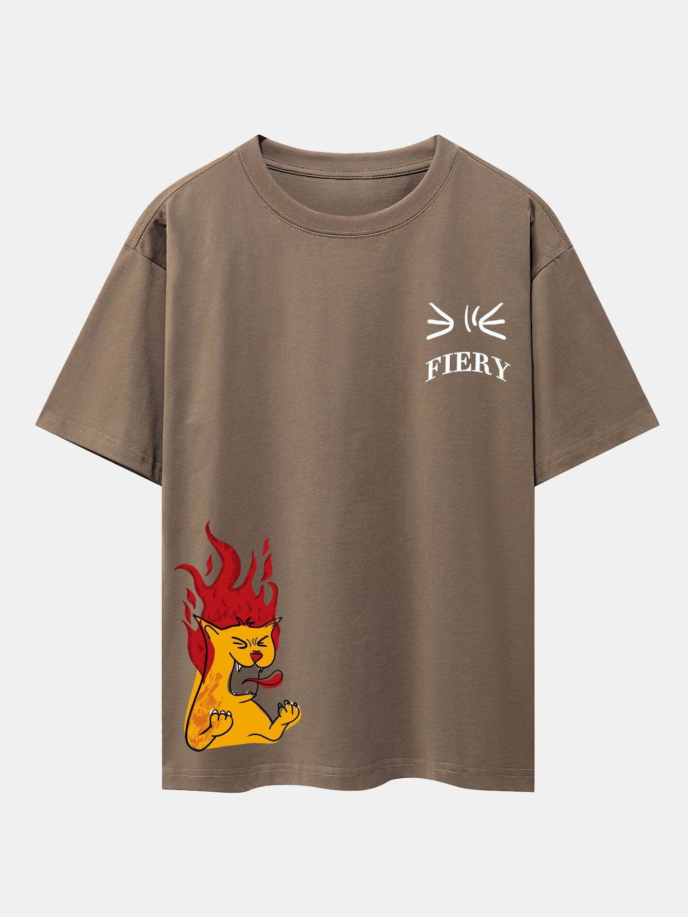 Fiery Cat Print Drop Shoulder Oversize T-Shirt