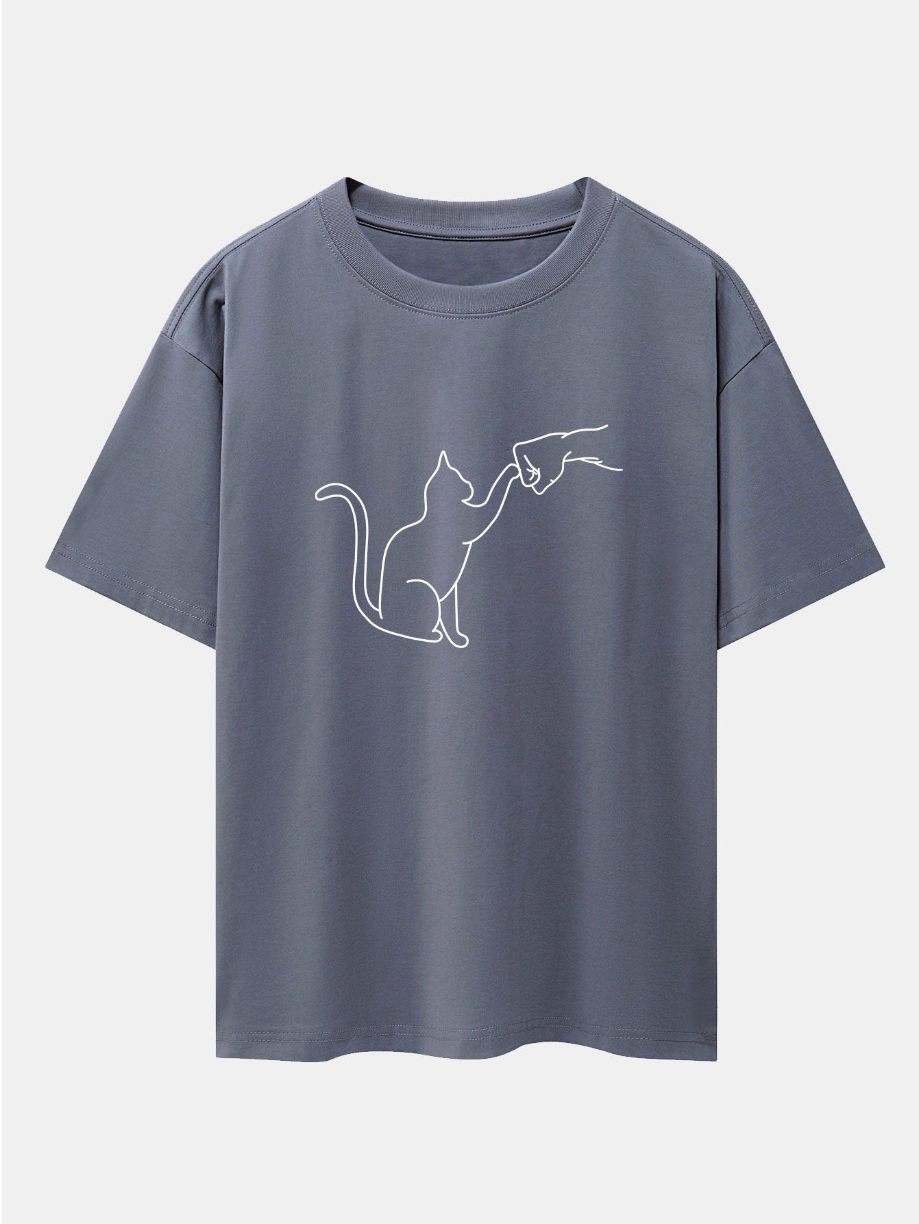 Fist Bump Cat Print Drop Shoulder Oversize T-Shirt - Naturzy