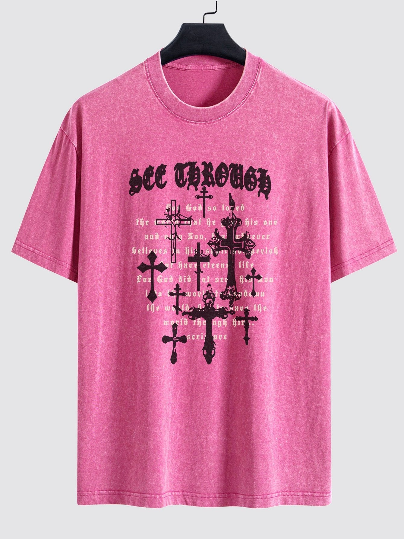 Cross Slogan Print Washed Distressed Drop Shoulder T-Shirt - Naturzy