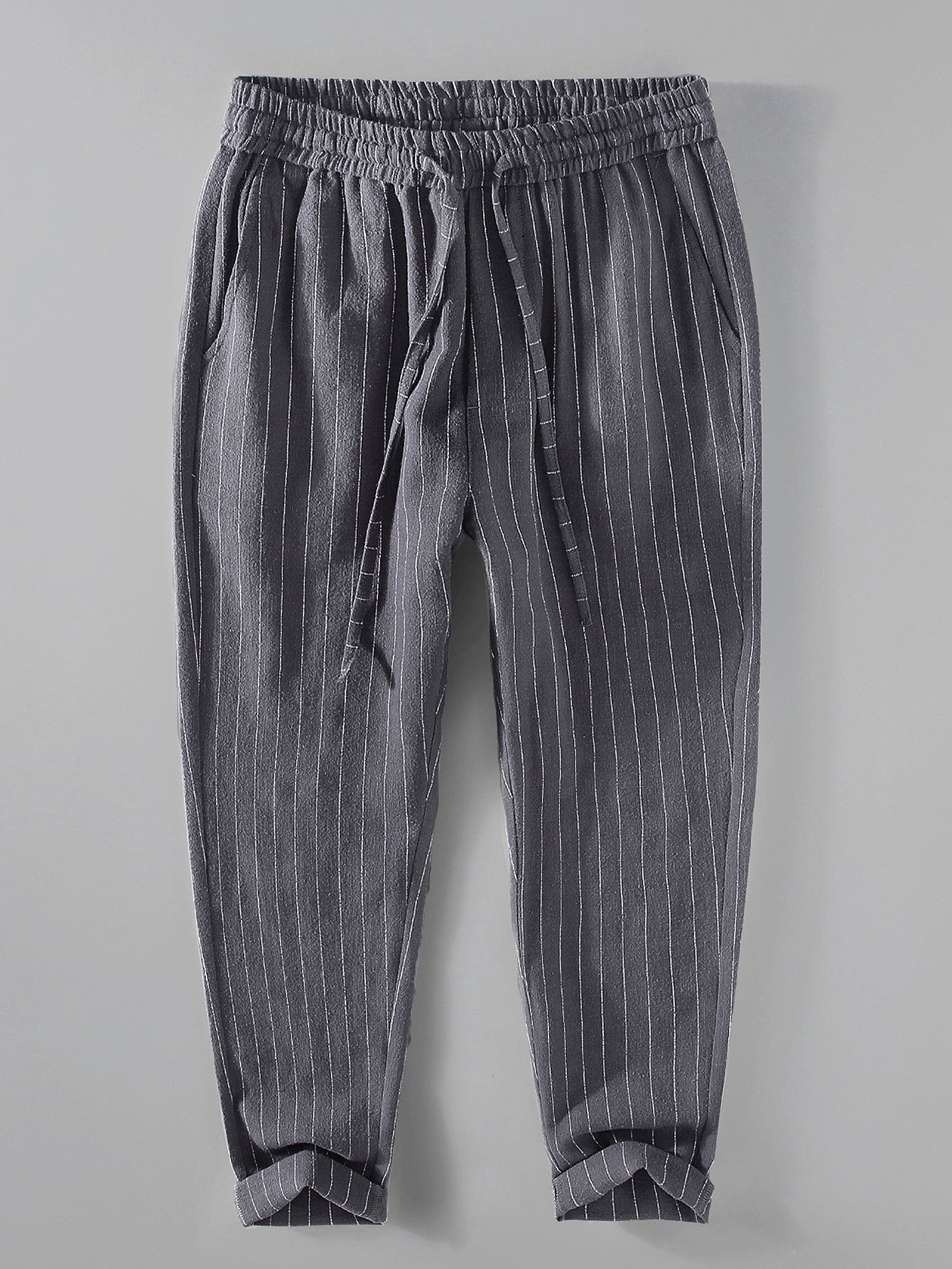 Striped Linen Cotton Blend Cropped Pants - Naturzy