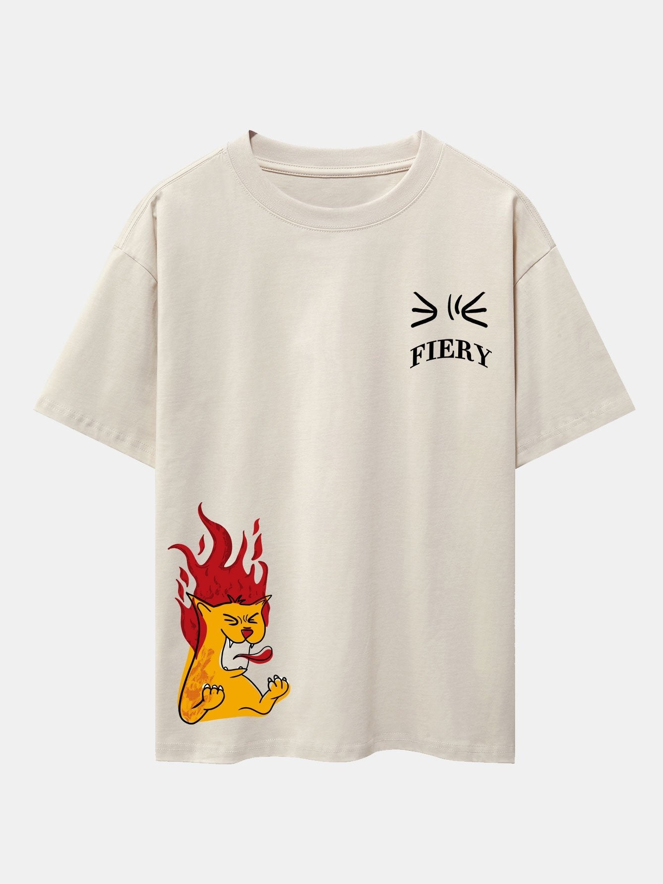 Fiery Cat Print Drop Shoulder Oversize T-Shirt