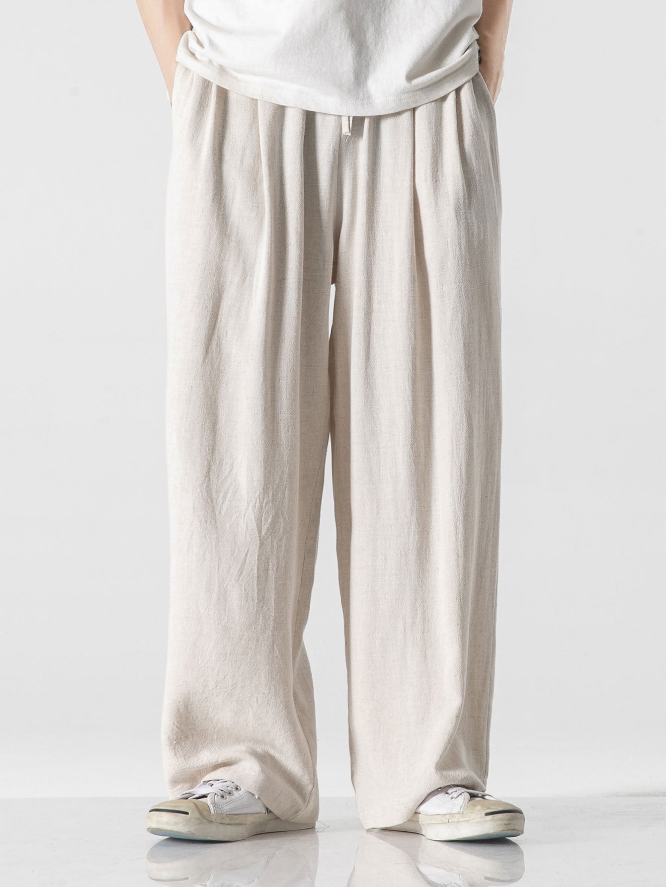 Linen And Cotton Blend Relax Fit Wide Leg Pants - Naturzy