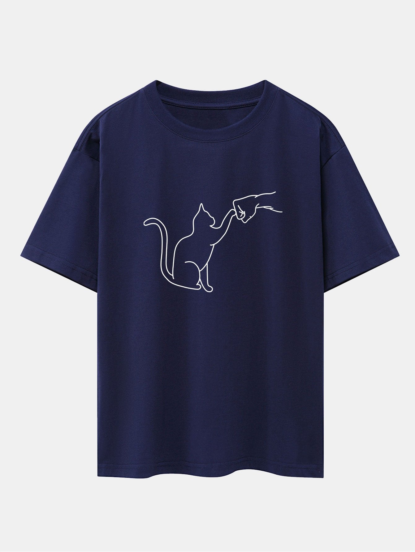 Fist Bump Cat Print Drop Shoulder Oversize T-Shirt - Naturzy