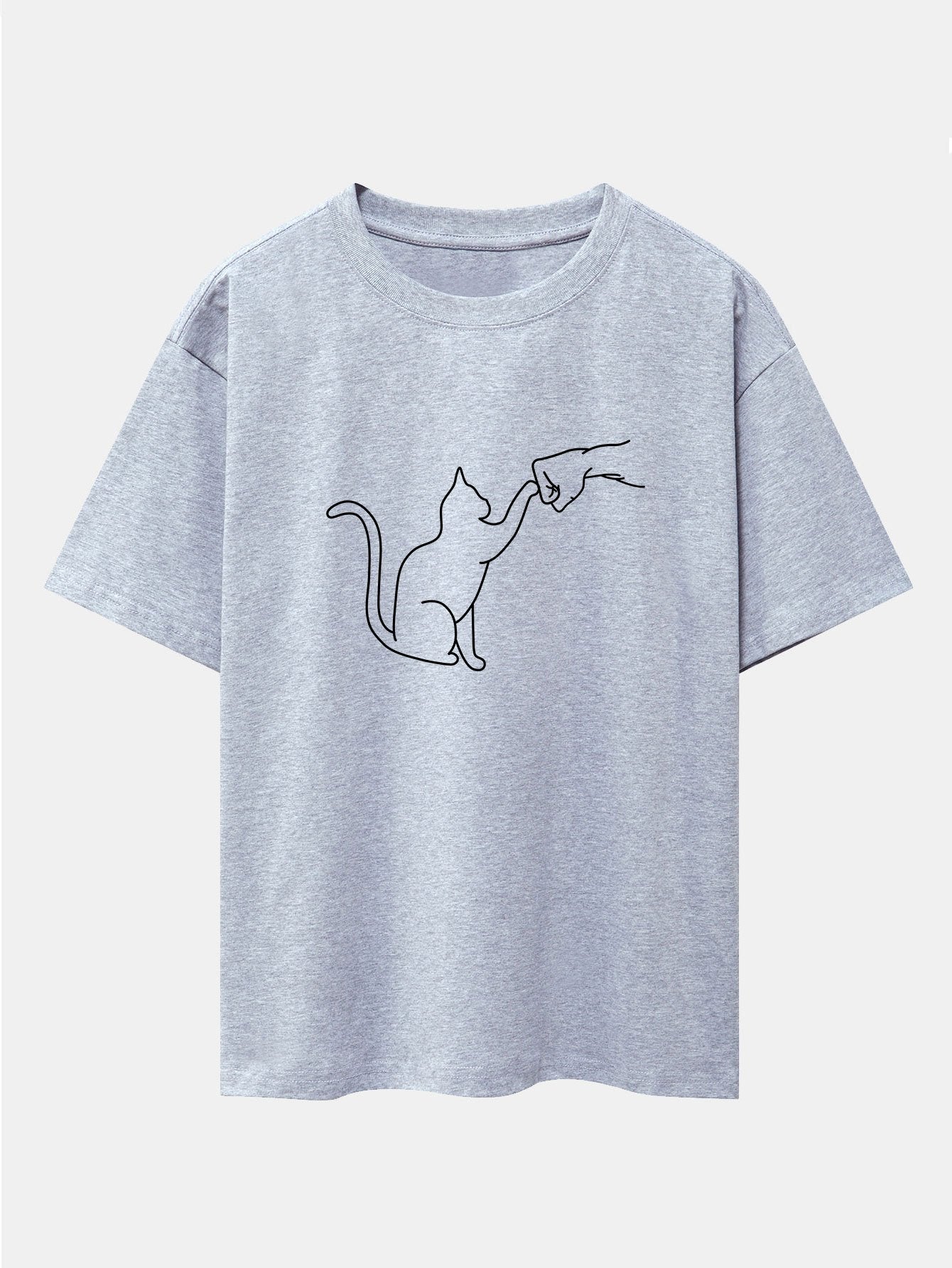 Fist Bump Cat Print Drop Shoulder Oversize T-Shirt - Naturzy