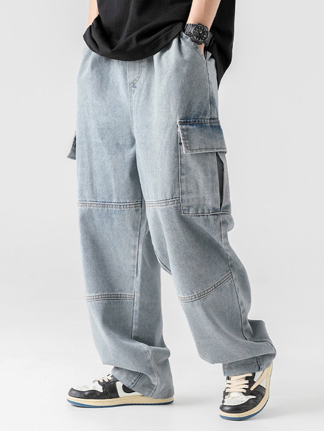 Elastic Waist Relax Fit Straight Leg Cargo Jeans - Naturzy